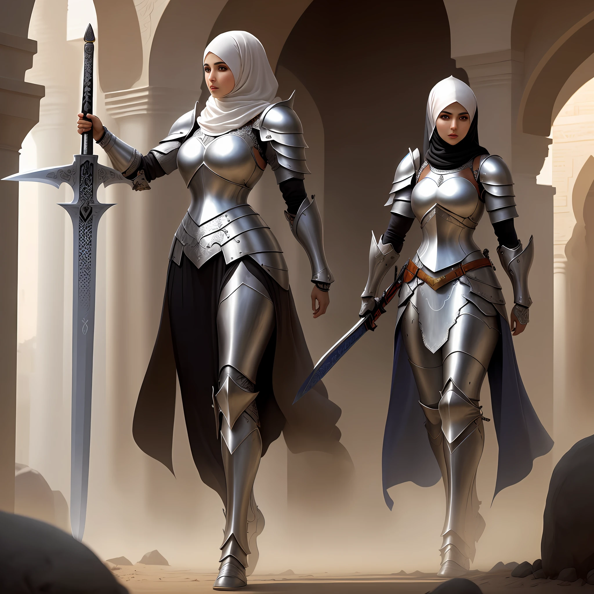 photograph of Full body modest Arabic muslim Hijabi woman as a warrior wearing an armor and holding a Huge sword , realism, Digital Art and Futuristic
