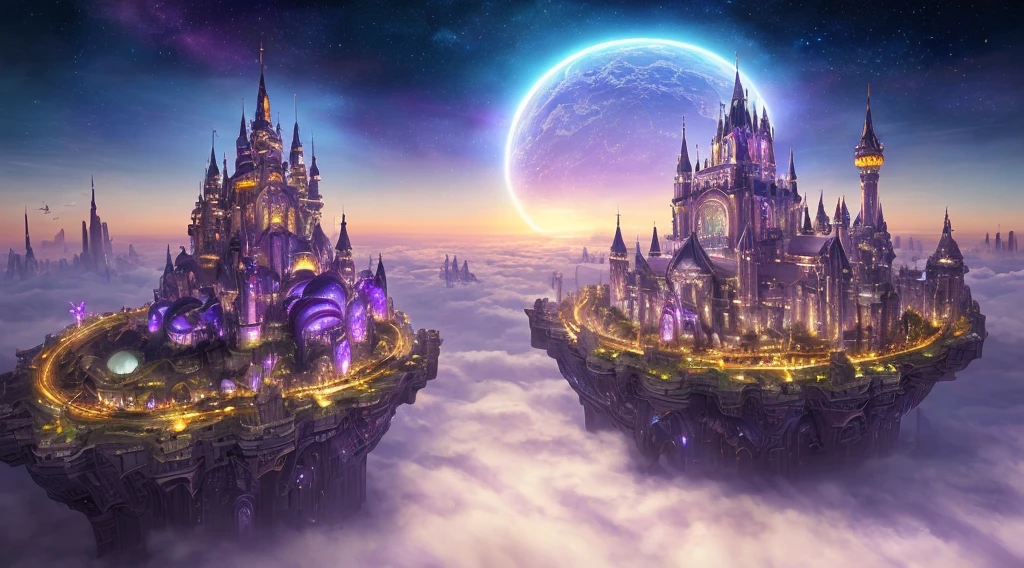 ((master piece)), best quality, (8k, best quality, masterpiece:1.2), ultra-detailed, illustration, big fantasy city, Science fiction, ethereal city, Floating city, many planets in the skies, clouds around, celestial architecture, purple energy scarring around, Giant castle in the center, astral skies