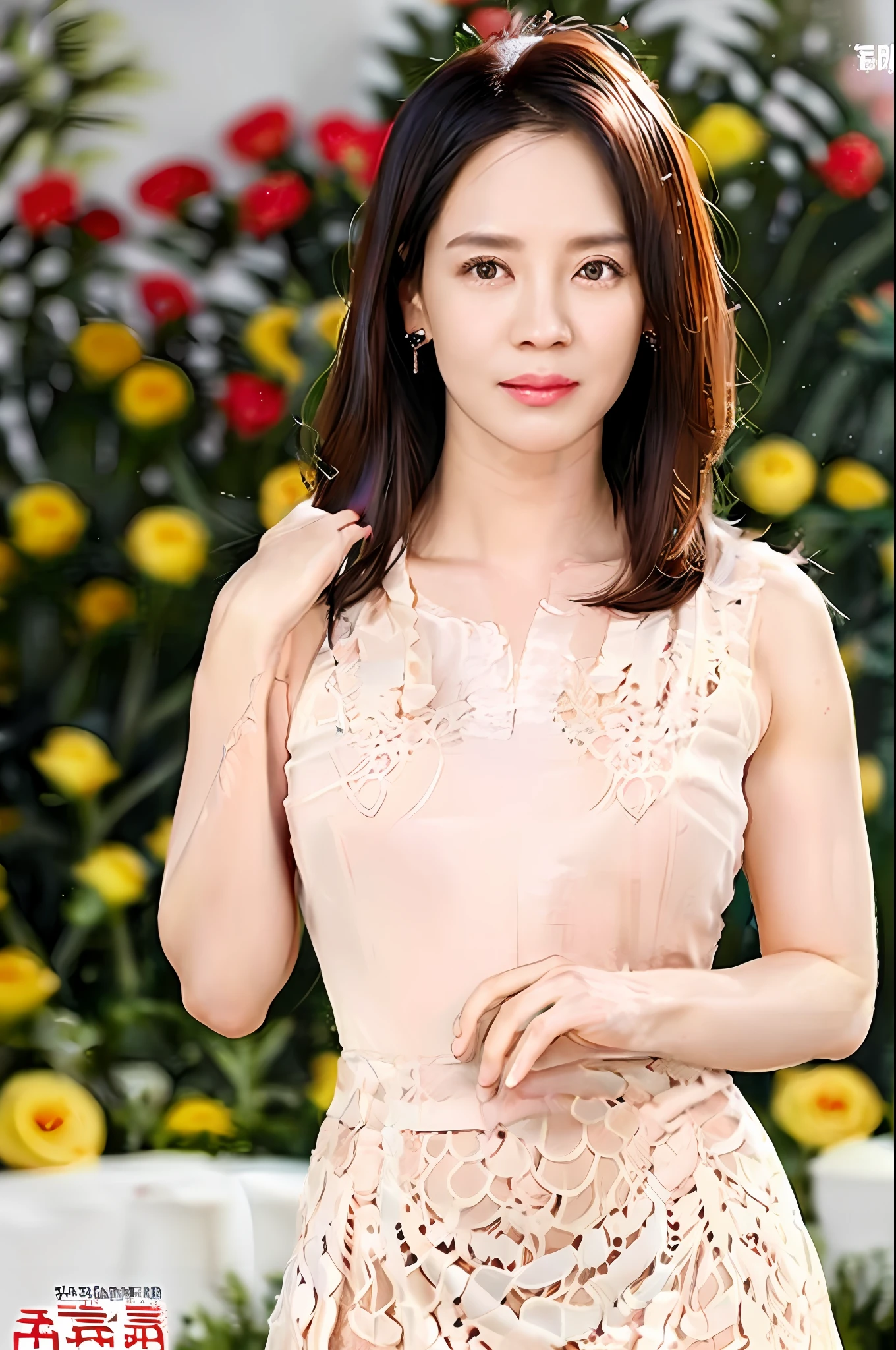 Gentle and charming Chinese beautiful woman, upper body photo, exquisite and sexy collarbone, charming oval face, double eyelids, smart peach blossom eyes, pink lips, small nose, bare shoulders, focused face, face close-up, ultra-high-definition, Super details, elegant standing posture, embroidered hip-covering lace skirt, water-soluble lace, full of artistic and three-dimensional sense, the upper body is elegant, romantic and feminine, and the lower body curve is more perfect.