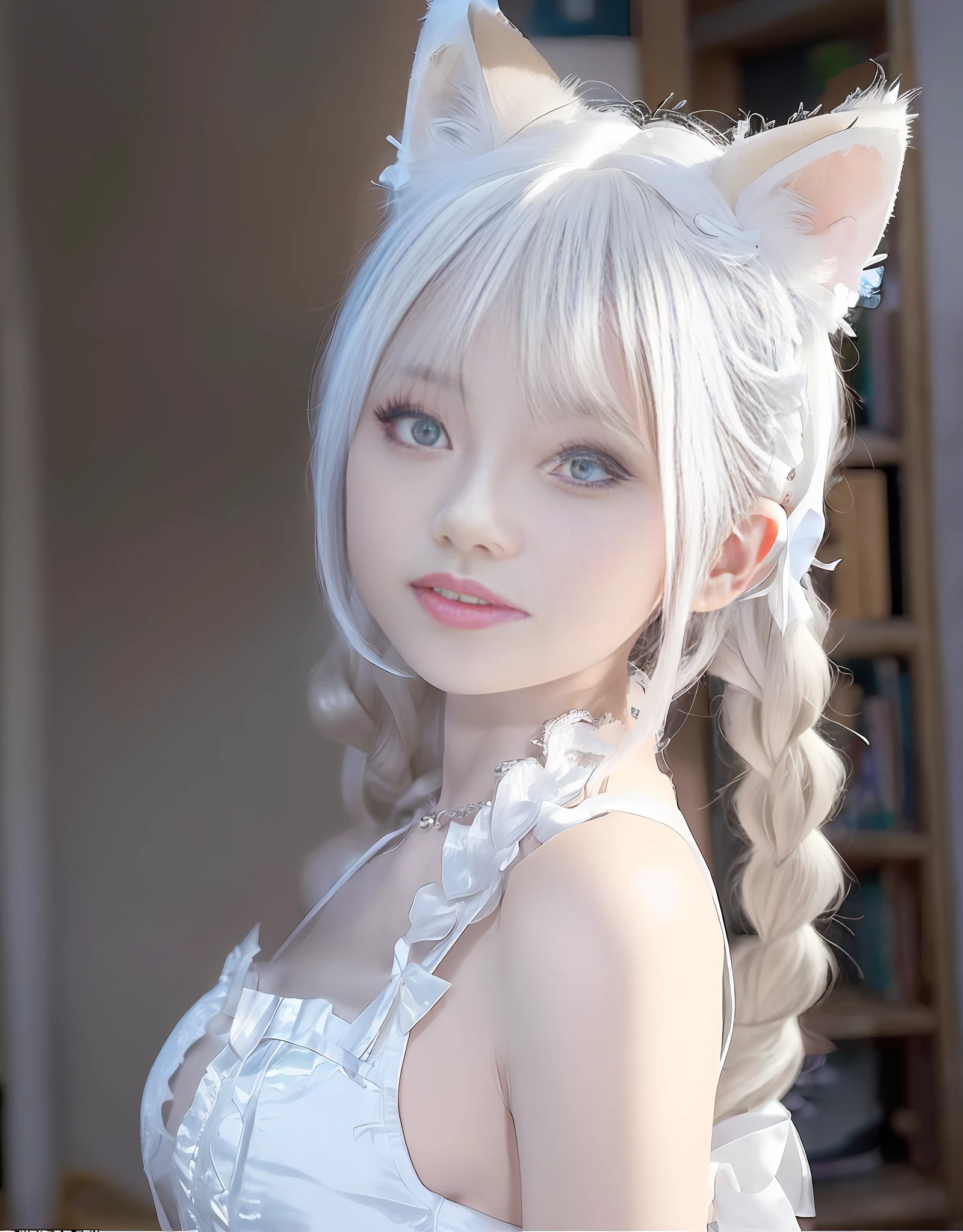 there is a woman with a cat ears and a white dress, anime girl with cat ears, white fox ears, very beautiful cute catgirl, white cat girl, girl with cat ears, beautiful young catgirl, attractive cat girl, anime girl in real life, beautiful anime catgirl, very beautiful anime cat girl, white - haired fox, anime girl cosplay