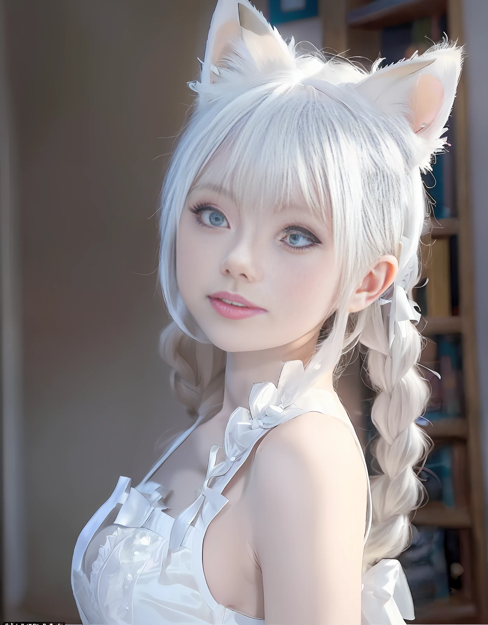 there is a woman with a cat ears and a white dress, anime girl with cat ears, white fox ears, very beautiful cute catgirl, white cat girl, girl with cat ears, beautiful young catgirl, attractive cat girl, anime girl in real life, beautiful anime catgirl, very beautiful anime cat girl, white - haired fox, anime girl cosplay