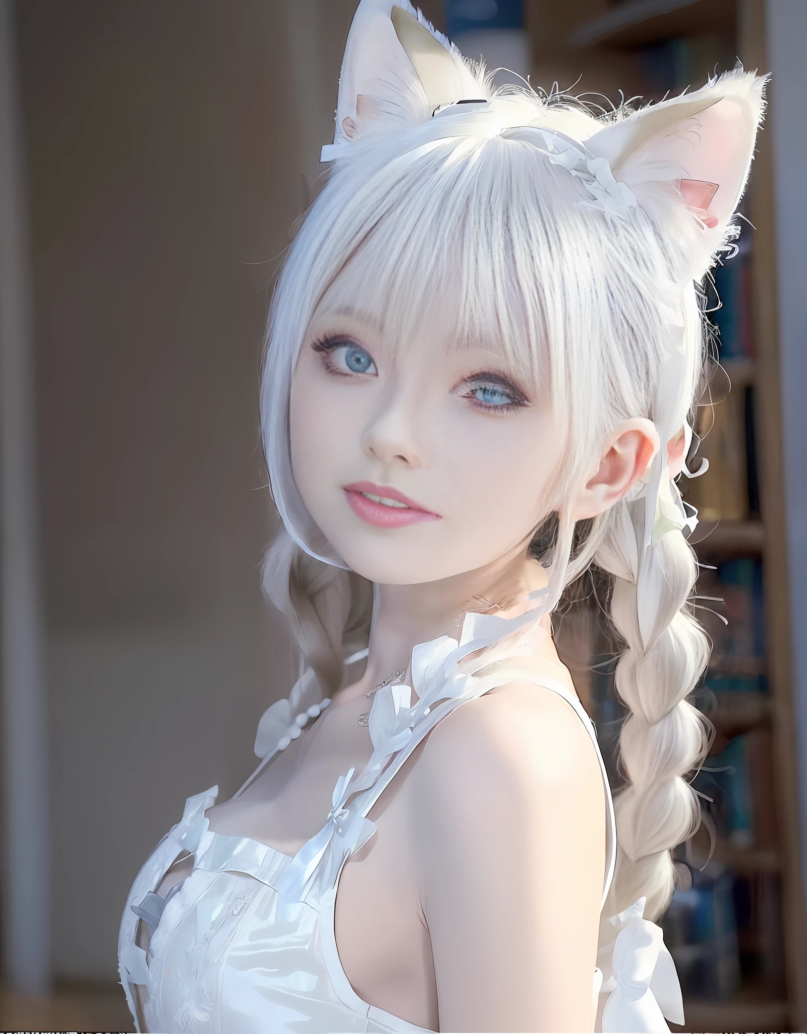 there is a woman with a cat ears and a white dress, anime girl with cat ears, white fox ears, very beautiful cute catgirl, white cat girl, girl with cat ears, beautiful young catgirl, attractive cat girl, anime girl in real life, beautiful anime catgirl, very beautiful anime cat girl, white - haired fox, anime girl cosplay