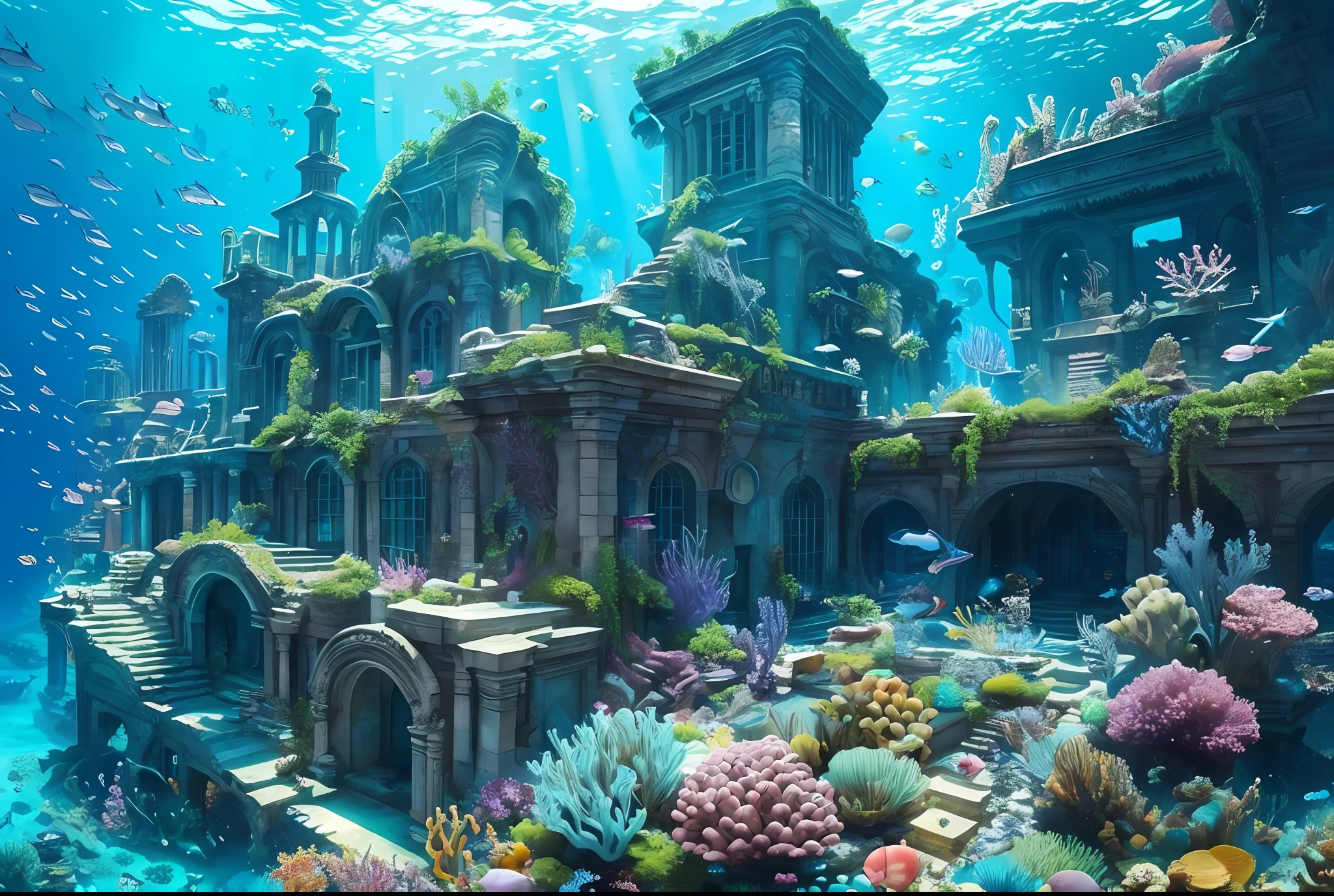 Underwater world deep sea, epic reality, (hdr: 1.4), dappled sunlight, cool colors, ancient ruins, underwater cities, marine life-type houses full of design sense, fantastic and incredible, epic composition, (complex details), (Complicated Detail, Ultra Detail: 1.2), Art Station, Movie Clip, Complex Background, (Masterpiece, Best Quality) --v 6