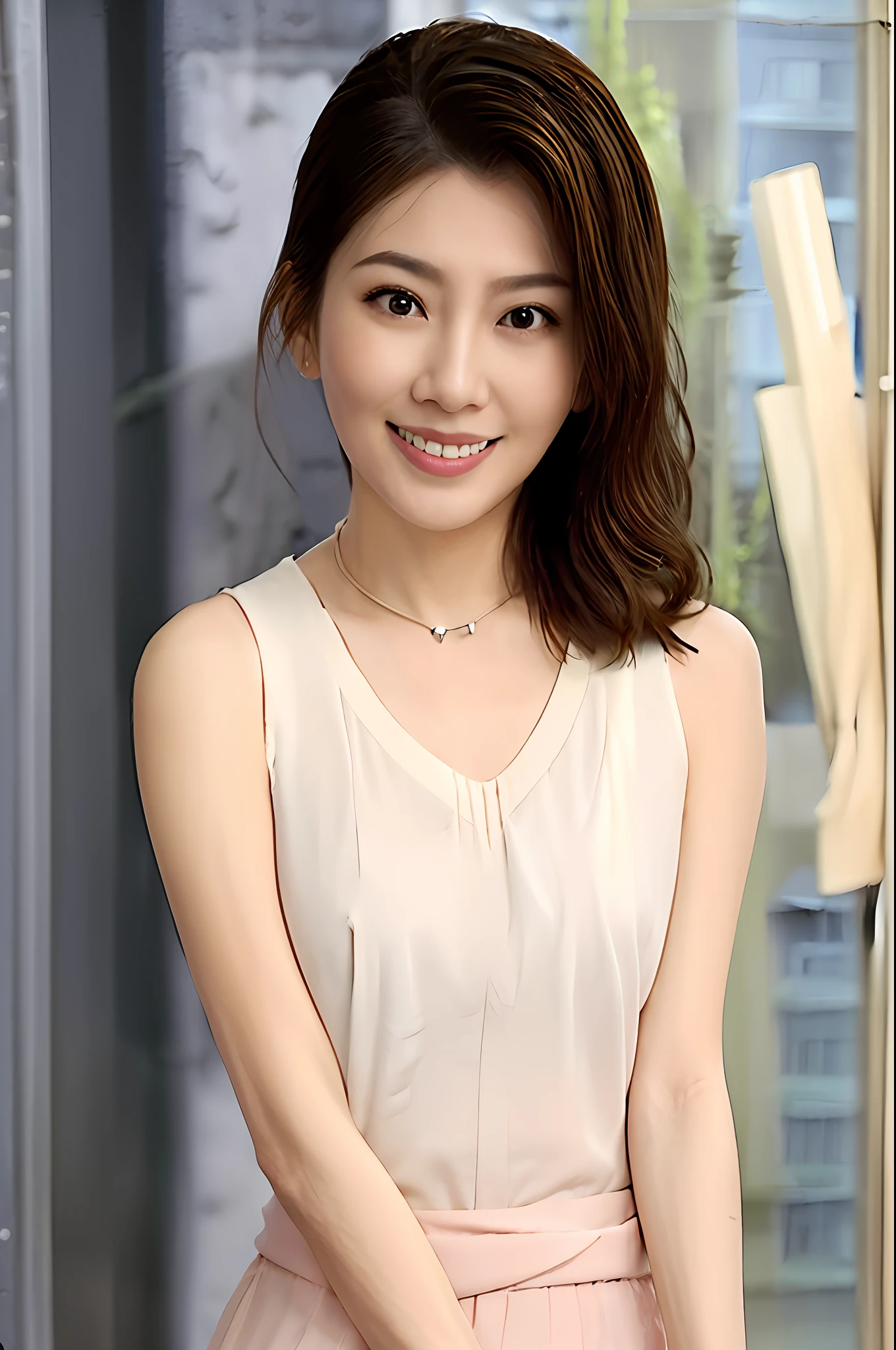 Gentle and charming Chinese beautiful woman, upper body photo, exquisite and sexy collarbone, charming oval face, double eyelids, smart peach blossom eyes, pink lips, small nose, bare shoulders, focused face, face close-up, ultra-high-definition, Super details, elegant standing posture, high-waisted half-length skirt, comfortable elastic fabric, creating a slender lower body curve, simple waist with a T-shirt, showing mature femininity
