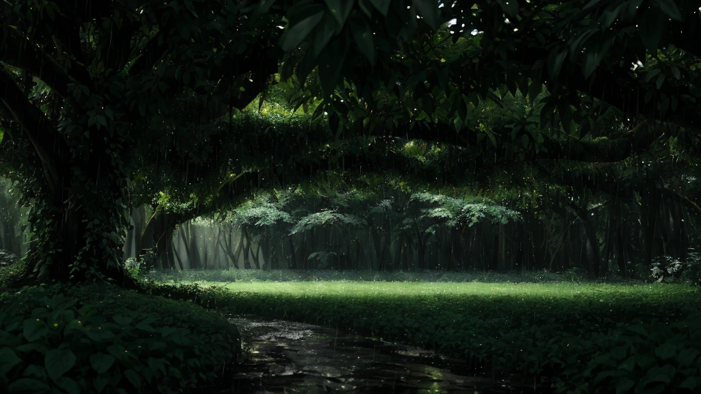 Jungle, heavy rain, monochrome, vines everywhere, huge wet tree, masterpiece, best quality, high quality, very detailed CG unity 8k wallpaper, oil painting, award winning photography, bokeh, depth of field, HDR, blooming, Chromatic aberration, photorealistic, highly detailed, trending on artstation, trending on CGsociety, intricate, high detail, dramatic, midway art, volumetric lighting. Image size: 960x536