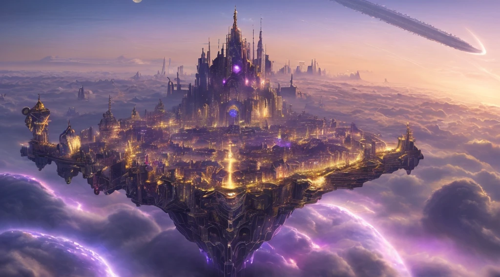 ((master piece)), best quality, (8k, best quality, masterpiece:1.2), ultra-detailed, illustration, big city, Science fiction, ethereal city, Floating city, many planets in the skies, clouds around, celestial architecture, purple energy scarring around, astral skies