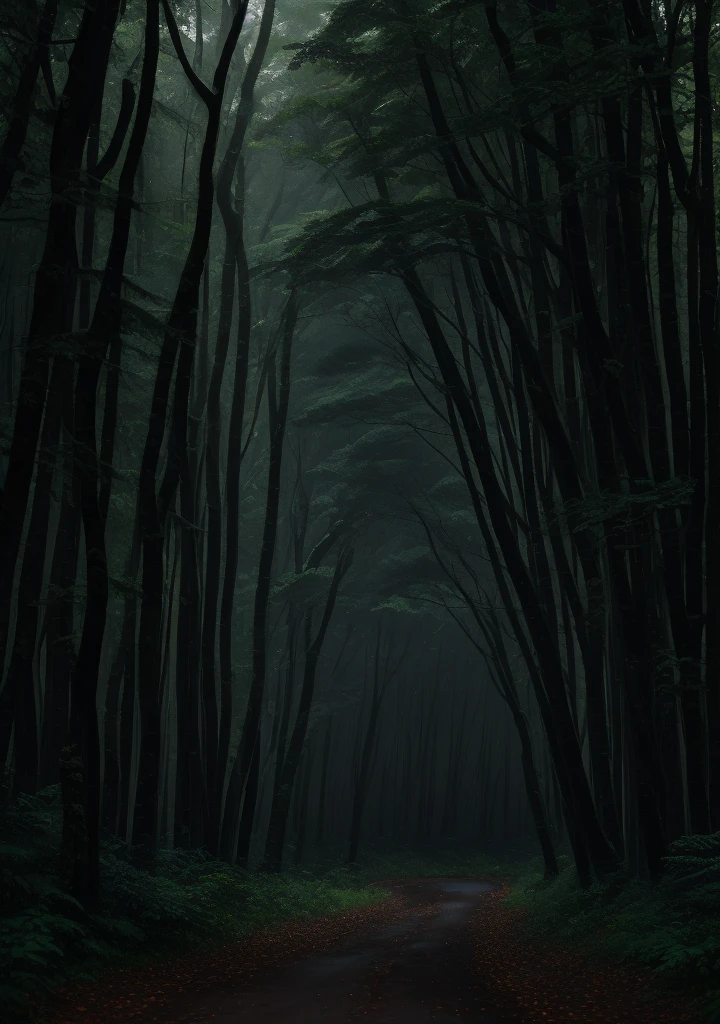 Dense forest in torrential rain at night, raindrops pouring from trees, distant thunder rumbling, masterpiece, best quality, high quality, extremely detailed CG unity 8k wallpaper, oil painting, award winning photography, bokeh, depth of field, HDR, bloom, chromatic aberration, photorealism, very detailed, trending on artstation, trending on CGsociety, intricate, high detail, dramatic, midjourney art (volumetric lighting: 1.2)