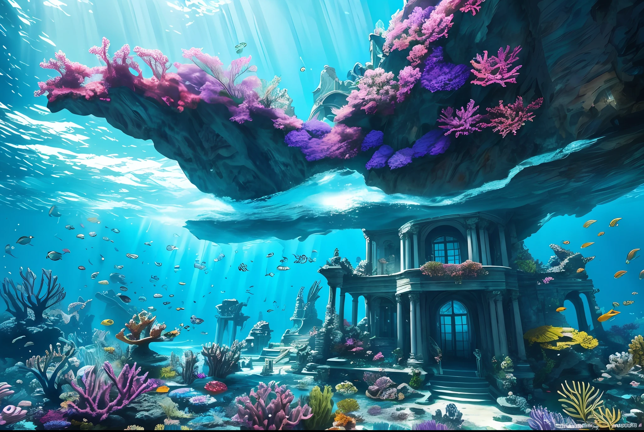 Underwater world deep sea, epic reality, (hdr: 1.4), dappled sunlight, cool colors, ancient ruins, ocean-type houses full of design sense, fantastic and incredible, epic composition, (complex details), (super details :1.2), Art Station, (masterpiece, best quality) --v 6