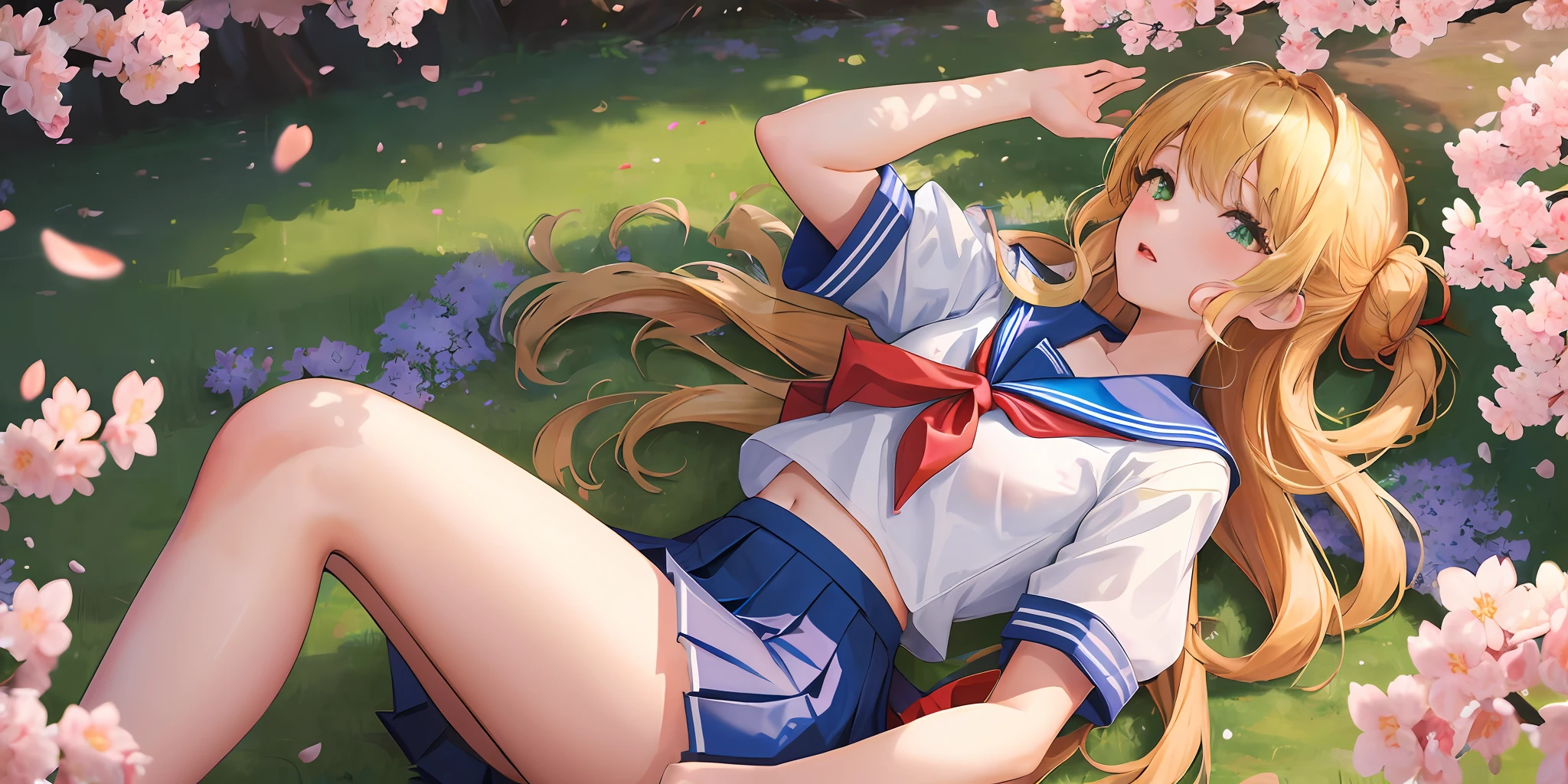 ((masterpiece, best quality, high resolution, super resolution, super detailed, ultra detailed, rich background)), 1girl, solo, green eyes, blonde long hair tied with blue ribbon, blunt bangs, cute hairpin, lying on ground, school uniform, serafuku, red sailor collar, short sleeves, blue pleated skirt, (outdoor), park, grass ground, surrounded with sakura tree, cherry blossom ambiance, dramatic light, afternoon, scenery