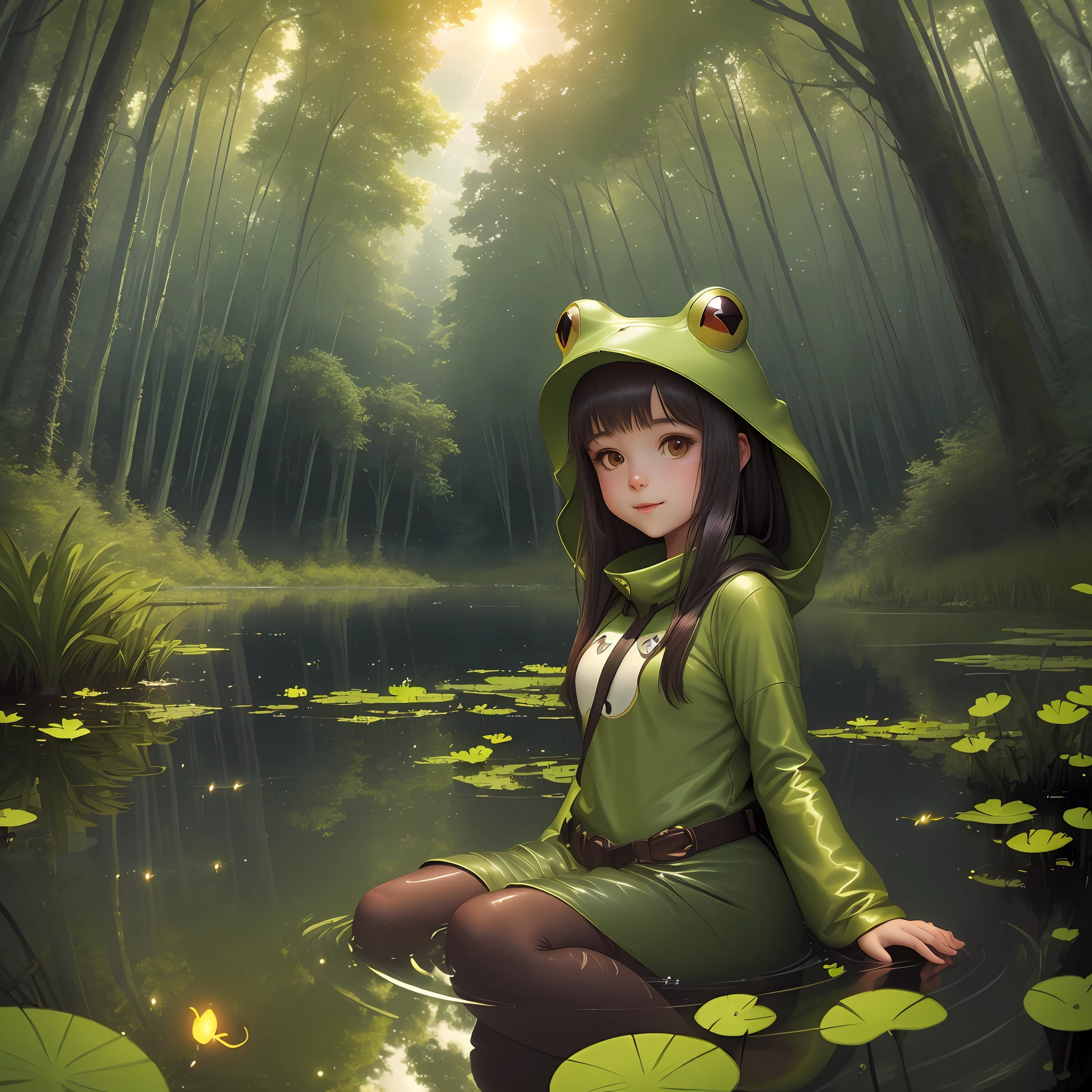 A girl in frog costume lounging in a lighthearted swamp lake, fireflies wandering, tall trees. Anime, extreme reflective, Artstation trending, masterpiece, sunset, by hryarklin.