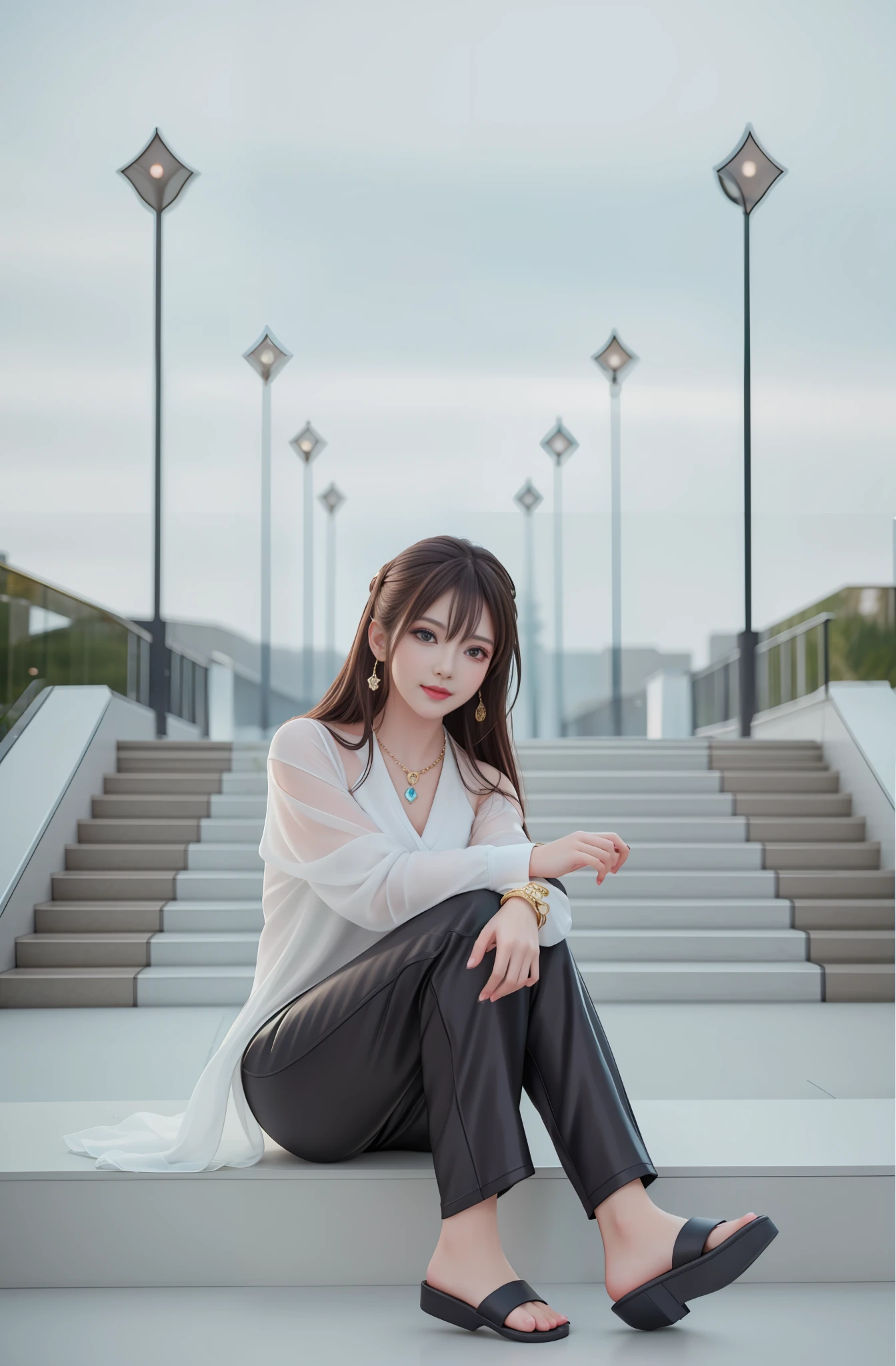 best quality, masterpiece, highres, 1girl,blush,(seductive smile:0.8),star-shaped pupils,necklace, jewelry,Beautiful face,upon_body, tyndall effect,photorealistic, dark studio, rim lighting, two tone lighting,(high detailed skin:1.2), 8k uhd, dslr, soft lighting, high quality, volumetric lighting, candid, Photograph, high resolution, 4k, 8k, Bokeh,correct arm position,lady shoe,correct feet