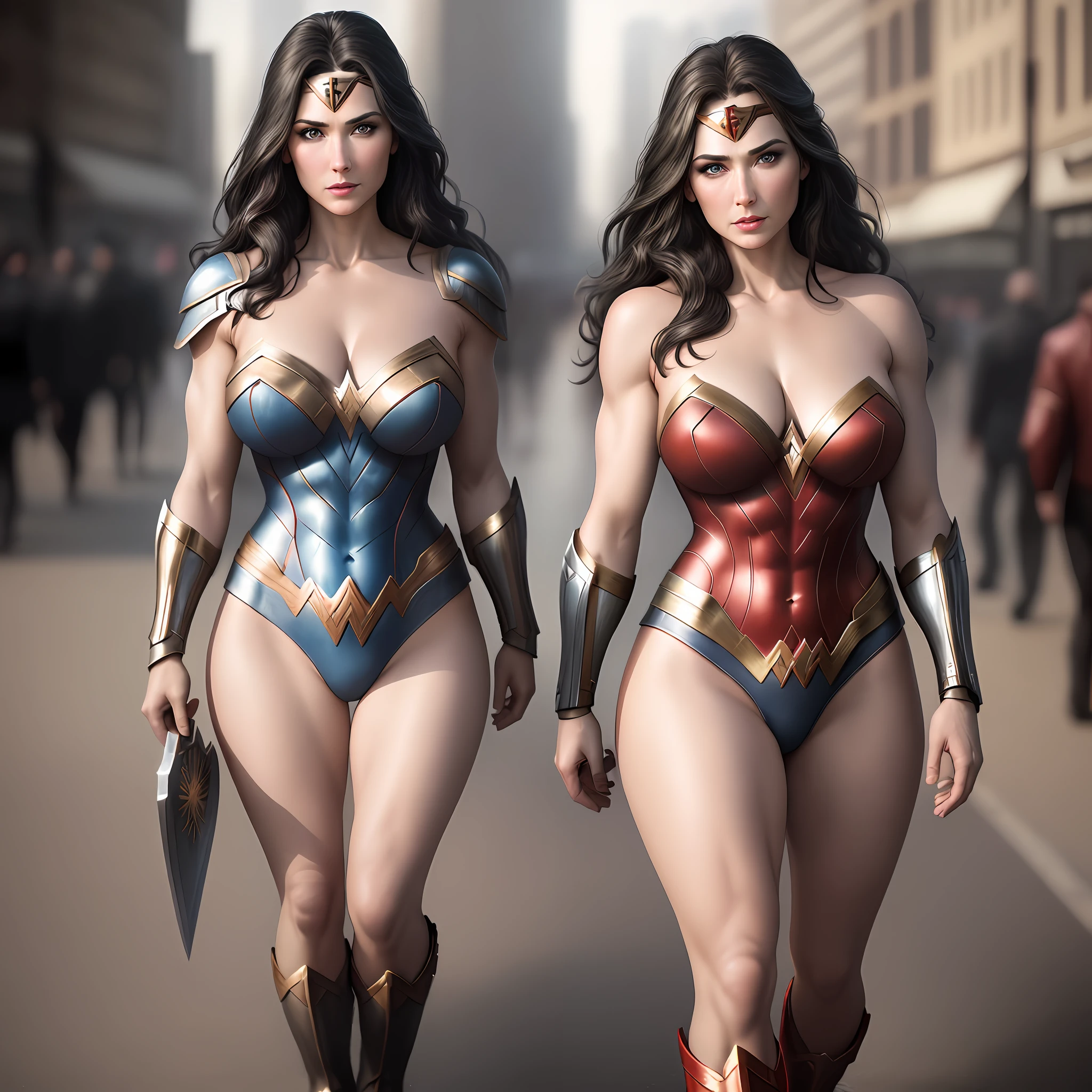 beautiful mature Wonder Woman, full figure, armor, leotard, cleavage, boots, sword, superhero, standing, strong realistic, blue eyes, dark hair, lips, makeup, long hair, makeup, muscular, solo, delicate skin, slightly suntanned skin tone , Full Body, Urban Background, Photorealistic, Photography, Masterpiece, Photorealistic, Realism, Realism, High Contrast, Photorealistic Digital Art super high resolution, (realistic:1.4),, high res, detailed, raw photos, vivid ashes, by lee jeffries nikon d850 film stock photo 4 kodak portra 400 camera f1.6 lens rich colors ultra realistic vivid textures dramatic lighting unrealengine artstation cinestill 800 in trend (big breasts:1.2)