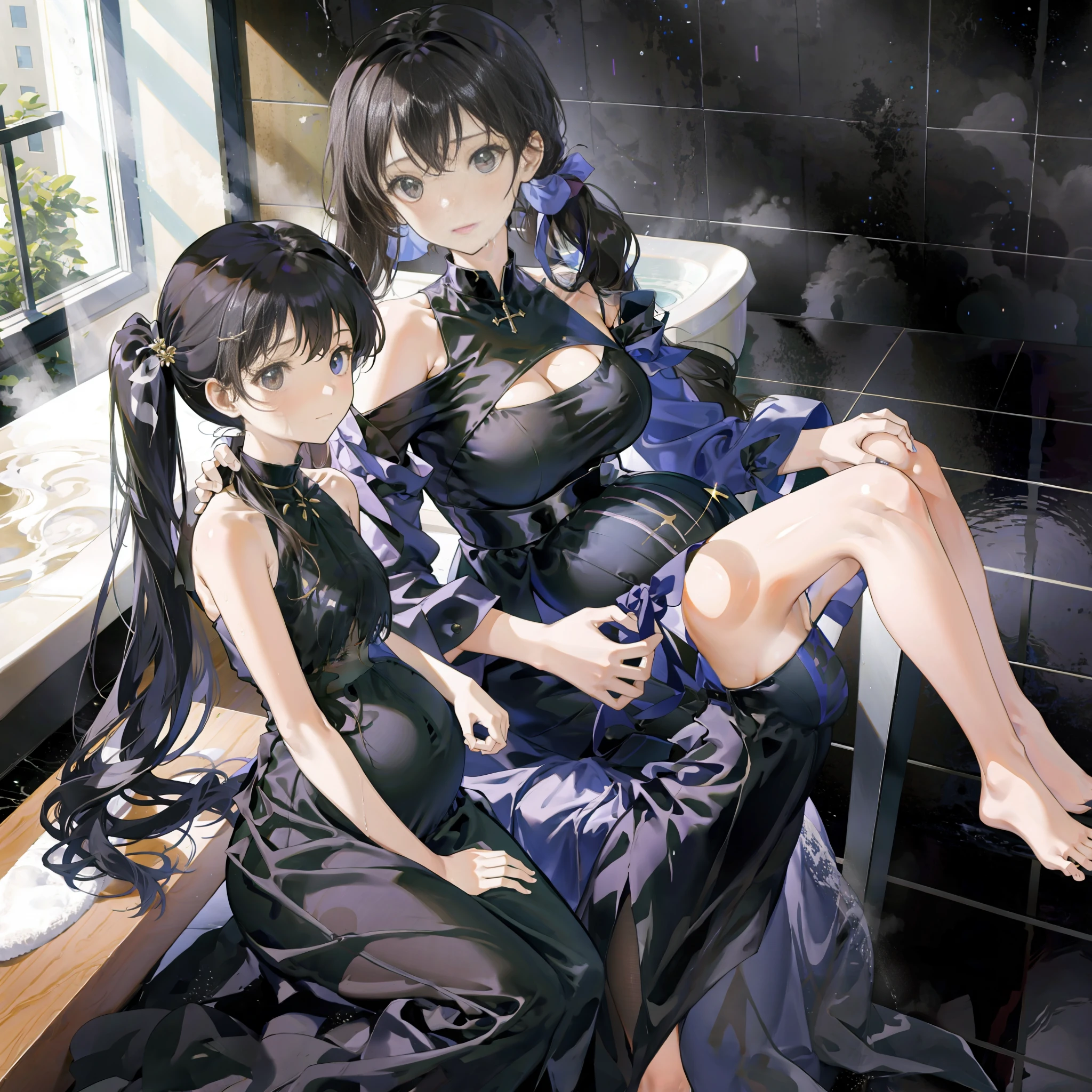 Masterpiece, superb, two mothers and daughters (mother under 30 years old, daughter under ), one big and one small, two people in the same frame, super long hair, side ponytail, pregnant at the same time, black evening dress, tight, mother and daughter watching at the same time looking at the camera, bathroom, bath, shower, shower, drenched