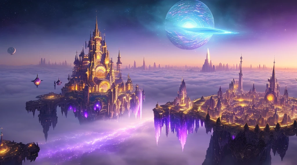 ((master piece)), best quality, (8k, best quality, masterpiece:1.2), ultra-detailed, illustration, big fantasy city, Science fiction, ethereal city, Floating city, many planets in the skies, clouds around, celestial architecture, purple energy scarring around, Giant castle in the center, astral skies