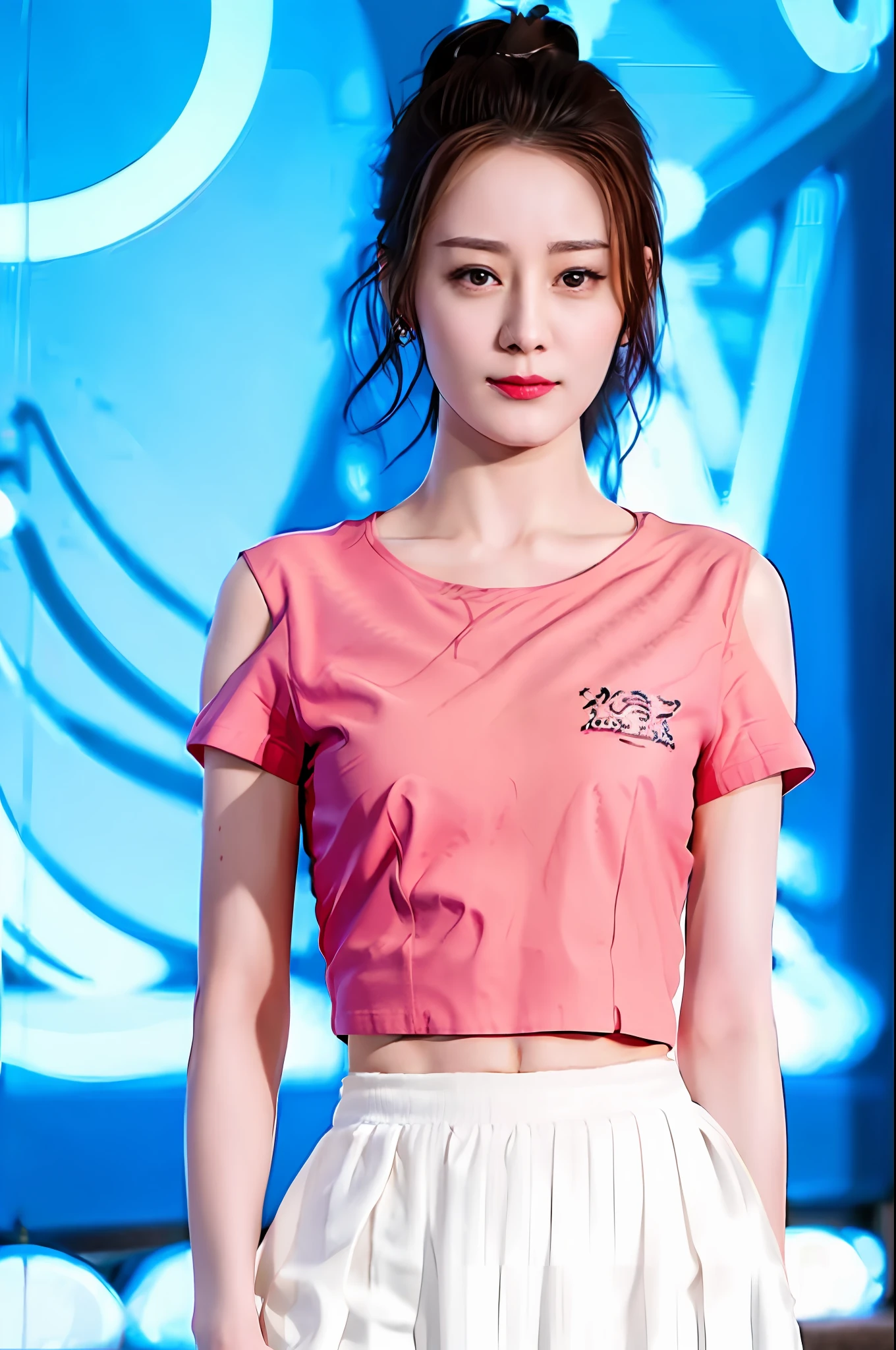 Gentle and charming Chinese beautiful woman, upper body photo, exquisite and sexy collarbone, charming oval face, double eyelids, smart peach blossom eyes, pink lips, small nose, bare shoulders, focused face, face close-up, ultra-high-definition, Super details, elegant standing posture, high-waisted half-length skirt, comfortable elastic fabric, creating a slender lower body curve, simple waist with a T-shirt, showing mature femininity