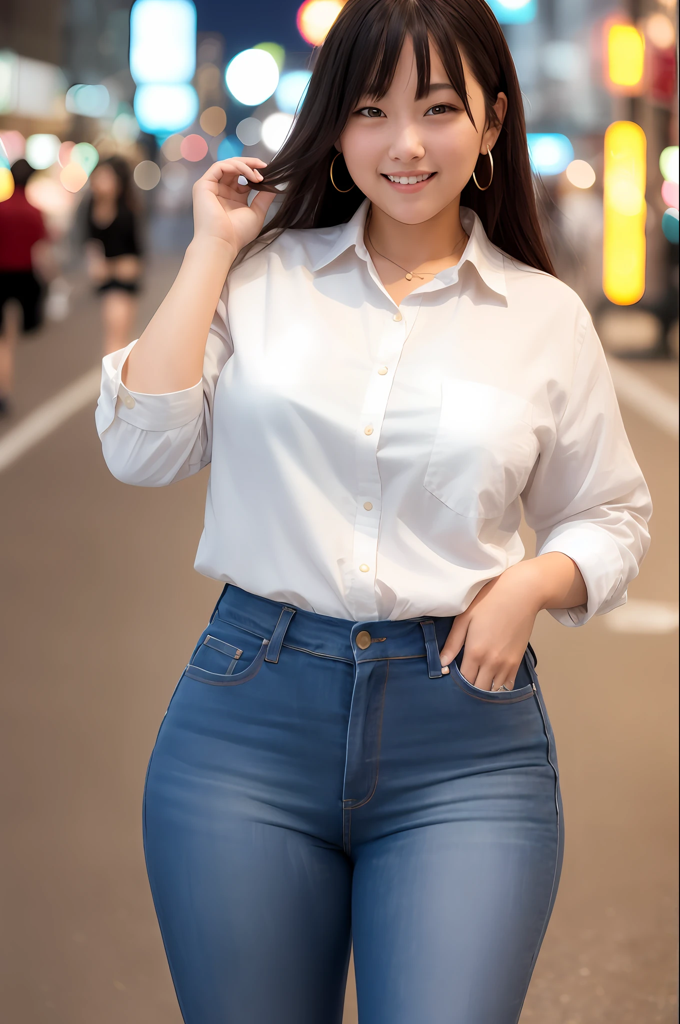 Lisa, 1girl, high resolution, ridiculous, reality, solo, long hair, looking at viewer, slim, chubby, styling, sexy, street, city lights, night, smiling, jeans, collared shirt, shirt lift
