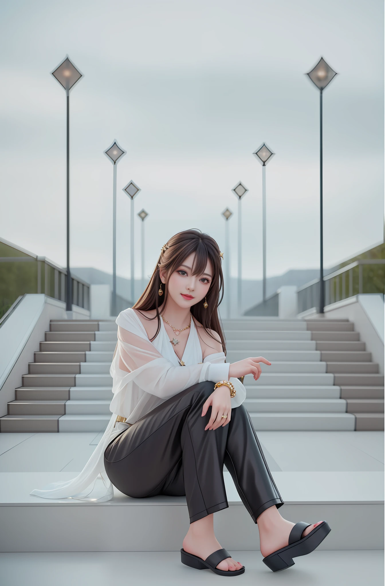 best quality, masterpiece, highres, 1girl,blush,(seductive smile:0.8),star-shaped pupils,necklace, jewelry,Beautiful face,upon_body, tyndall effect,photorealistic, dark studio, rim lighting, two tone lighting,(high detailed skin:1.2), 8k uhd, dslr, soft lighting, high quality, volumetric lighting, candid, Photograph, high resolution, 4k, 8k, Bokeh,correct arm position,lady shoe,correct feet