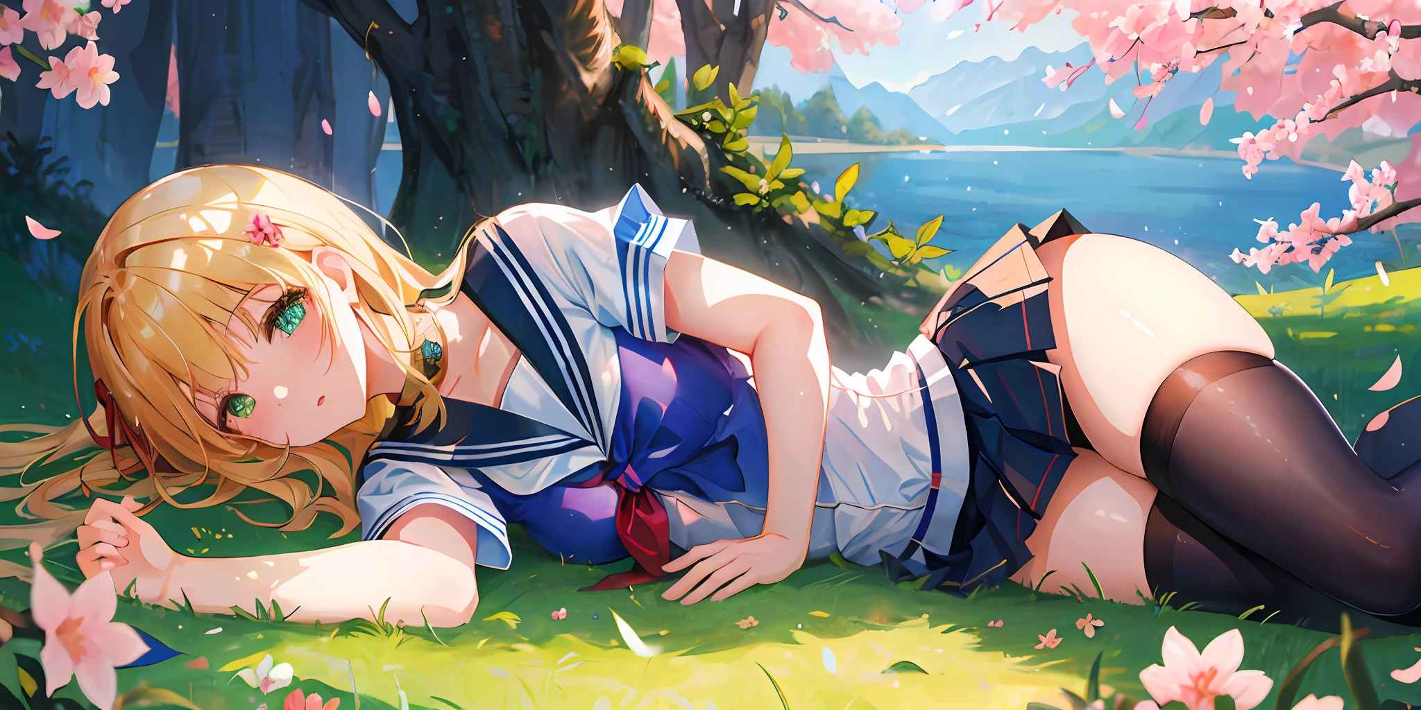 ((masterpiece, best quality, high resolution, super resolution, super detailed, ultra detailed, rich background)), 1girl, solo, green eyes, blonde long hair tied with blue ribbon, blunt bangs, cute hairpin, lying on ground, school uniform, serafuku, red sailor collar, short sleeves, blue pleated skirt, (outdoor), park, grass ground, surrounded with sakura tree, cherry blossom ambiance, dramatic light, afternoon, scenery