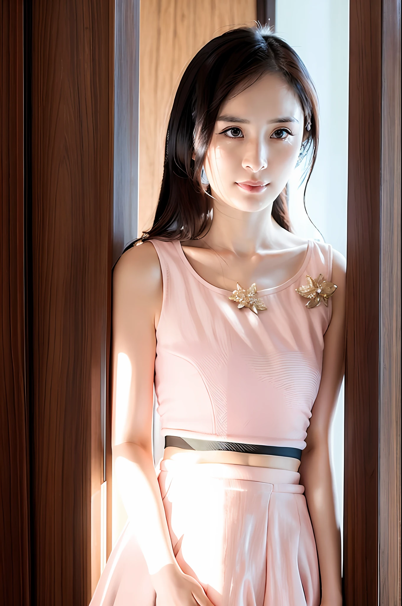 Gentle and charming Chinese beautiful woman, upper body photo, exquisite and sexy collarbone, charming oval face, double eyelids, smart peach blossom eyes, pink lips, small nose, bare shoulders, focused face, face close-up, ultra-high-definition, Super details, elegant standing, a very fresh organza printed skirt, the sweet temperament of a girl emerges spontaneously in an instant, and the mid-length skirt looks particularly elegant and thin.