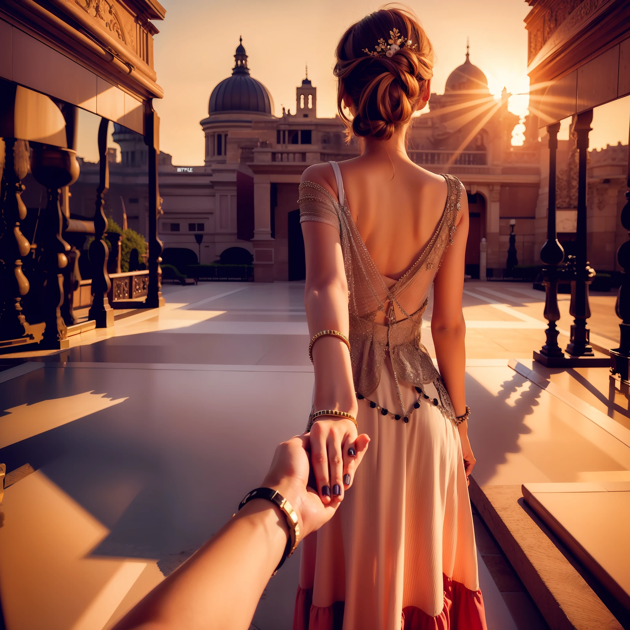 1girl, ultra detailed, highres, masterpiece,
by_style, bf_holding_hands, 1girl holding hands with viewer, walking in the palace,
