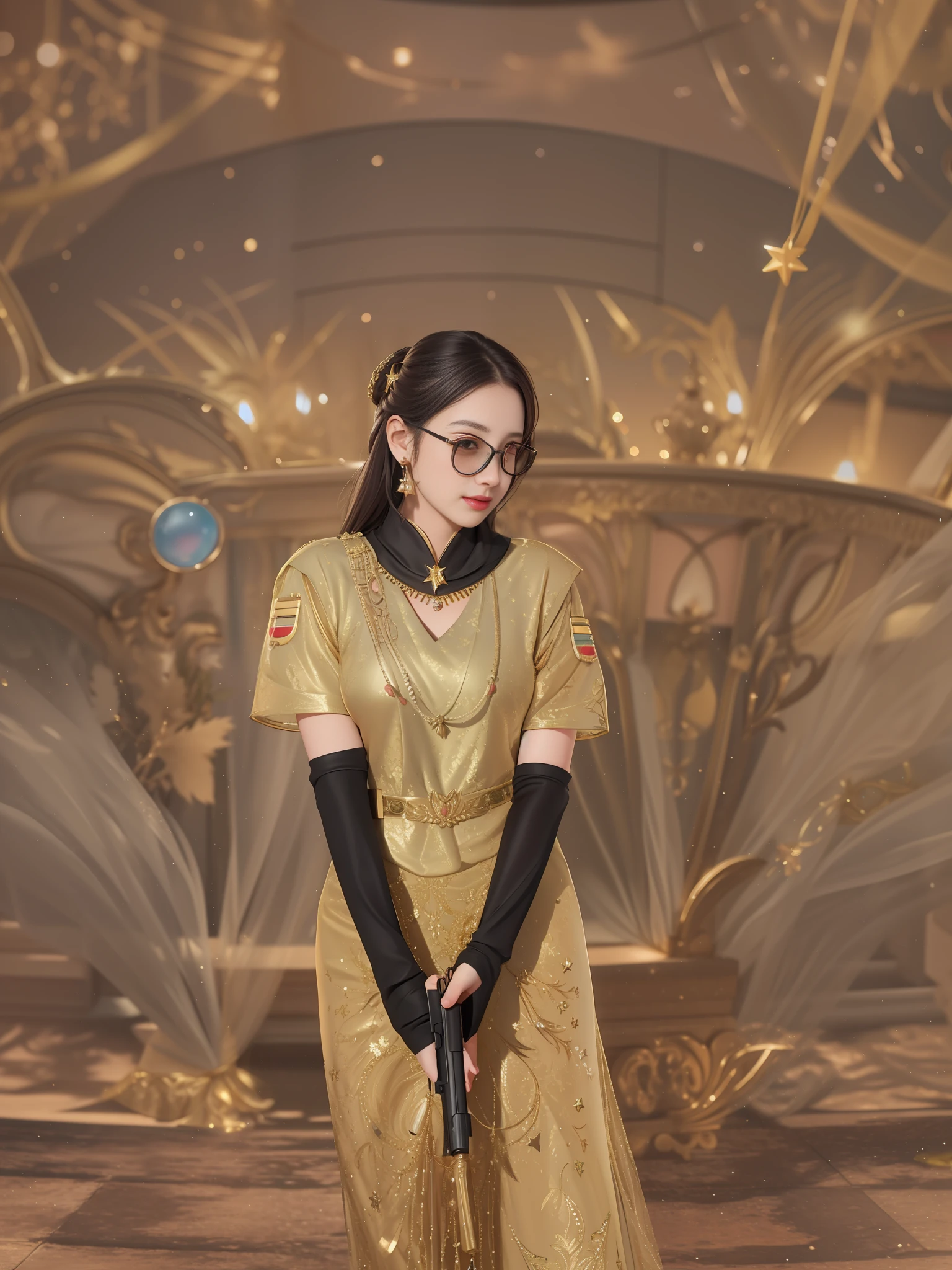 best quality, masterpiece, highres, 1girl,blush,(seductive smile:0.8),star-shaped pupils,necklace, jewelry,Beautiful face,upon_body, tyndall effect,photorealistic, dark studio, rim lighting, two tone lighting,(high detailed skin:1.2), 8k uhd, dslr, soft lighting, high quality, volumetric lighting, candid, Photograph, high resolution, 4k, 8k, Bokeh,,not sexy dress,army uniform,pistol,no beautiful dress,no necklace,no jewel