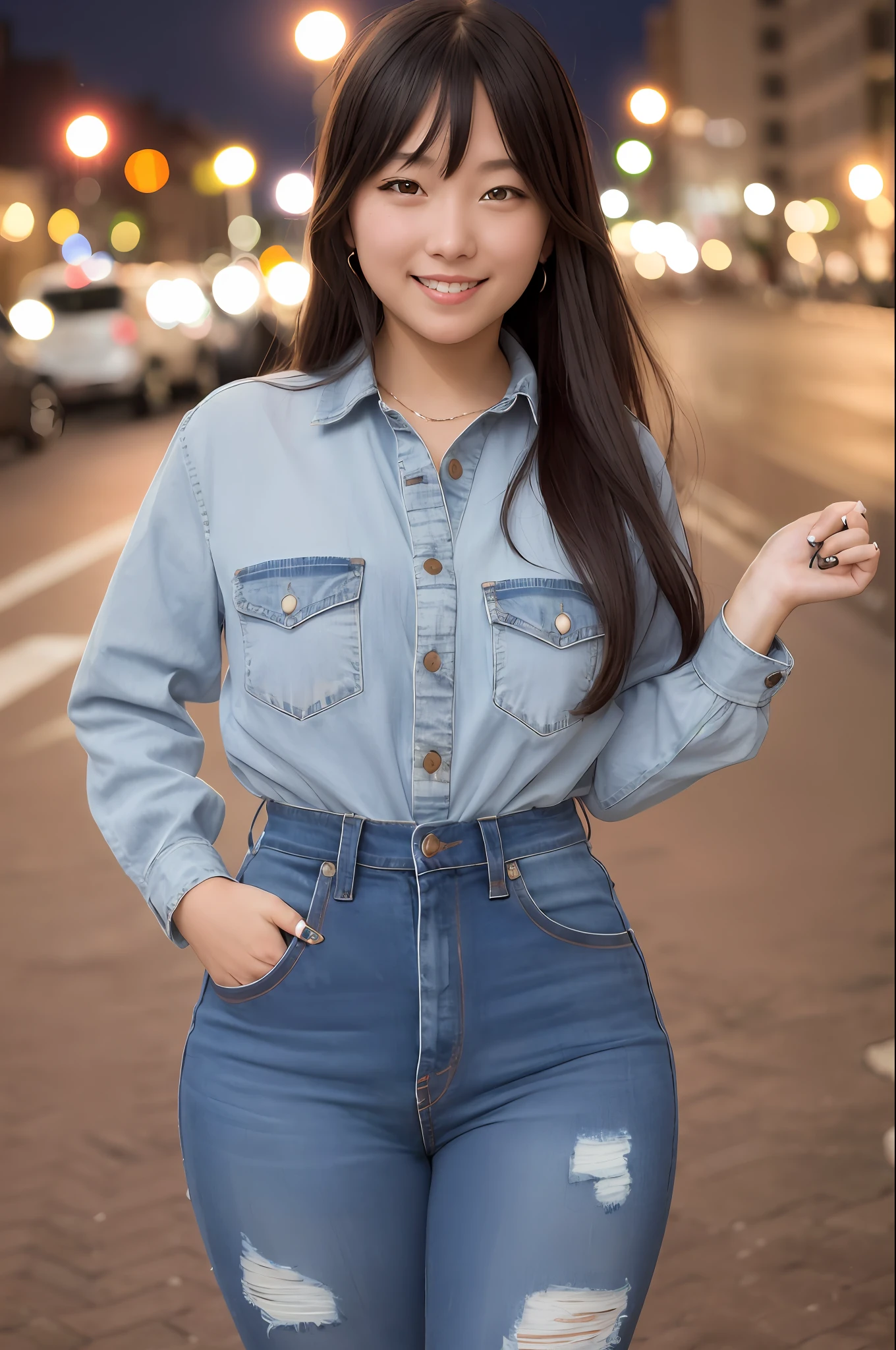 Lisa, 1girl, high resolution, ridiculous, reality, solo, long hair, looking at viewer, slim, chubby, styling, sexy, street, city lights, night, smiling, jeans, collared shirt, shirt lift