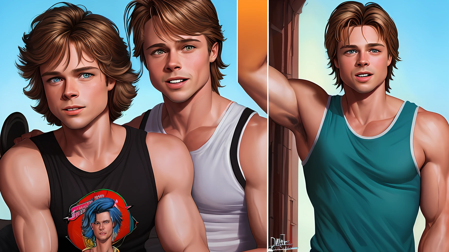 there is a painting of a man with a plain green tank top on, nsfw, steamy, sensual, seductive, male pin-up, erotic, sweaty, cheeky, young brad pitt portrait, portrait of brad pitt, marty mcfly, softcore, color portrait, manspreading, jeans, martin ansin artwork portrait, detailed color portrait, inspired by Max Gubler, starring marty mcfly, sly smile, portrait of ultra realistic, dan decarlo art style, dan decarlo style, tom richmond illustration, high quality portrait, cinematic, 8k, 1980s aesthetics