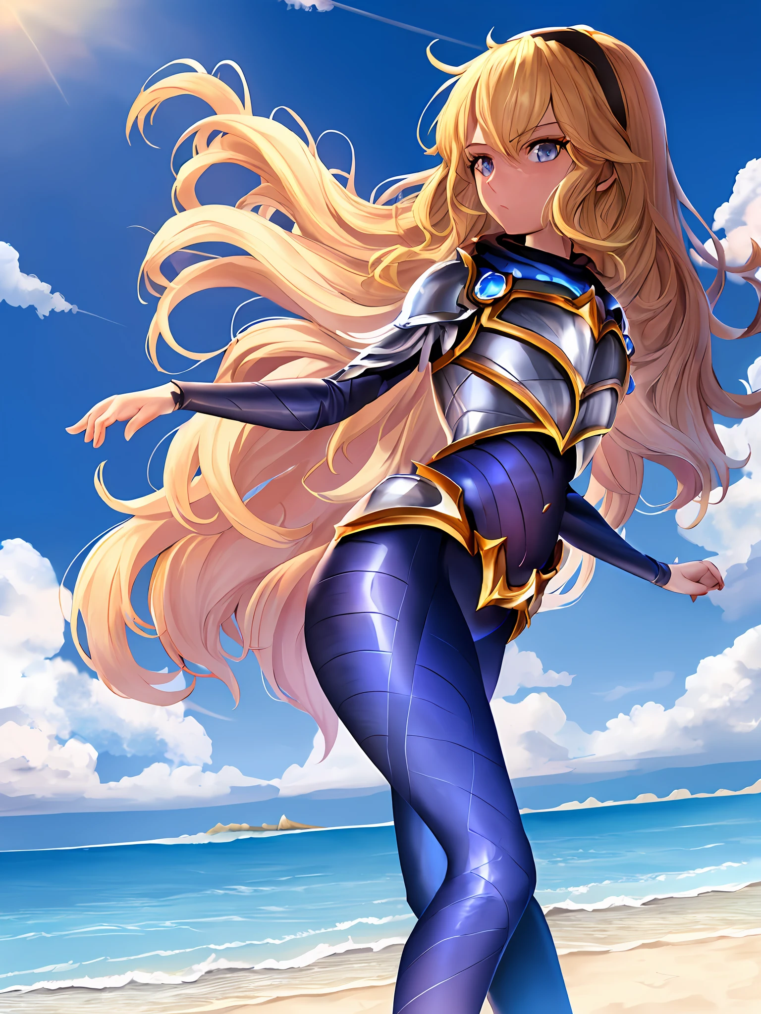 beach, lux, luxanna crownguard, league of legends, nude, cowboy shot, looking at viewer, 1girl, solo, blonde hair, blue eyes, blue pants, blue bodysuit, bodysuit, impossible bodysuit, brown hairband, hairband, long hair, long sleeves, shoulder plates, breastplate, sapphire, standing