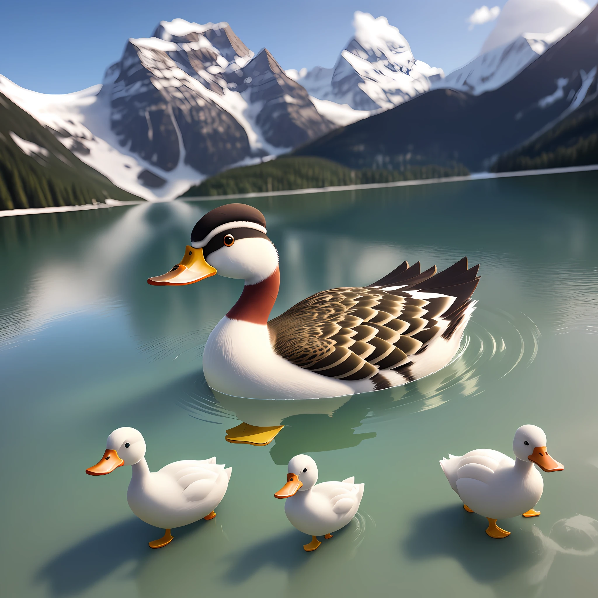 A duck; in the style of 3d render; the duck is in a cold swiss lake with his duck friends