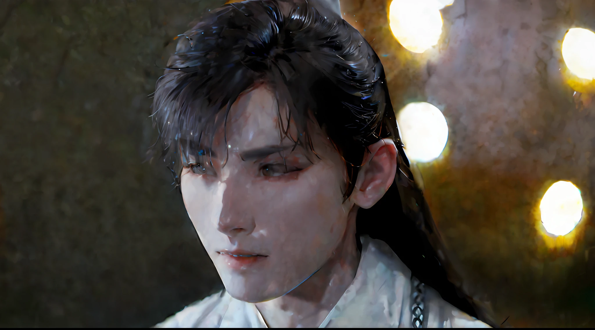 (Male: 1.1), [Monochrome: Pastel Color: 0.6] Theme, (Masterpiece), (Best Quality), (Detail), Light Layer, Glossy Skin, (Complicated Details: 1.1), Black Hair, long hair, black eyes,