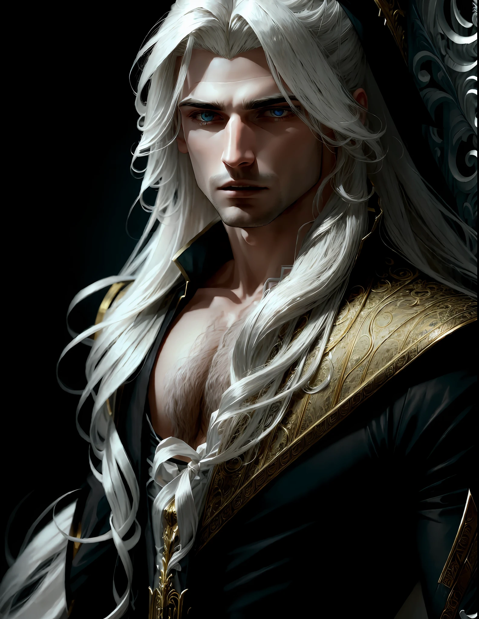 ((extremely detailed 8k wallpaper)), a breathtaking beautiful male vampire with long white hair, captured in a dramatic medium shot with intricate details.