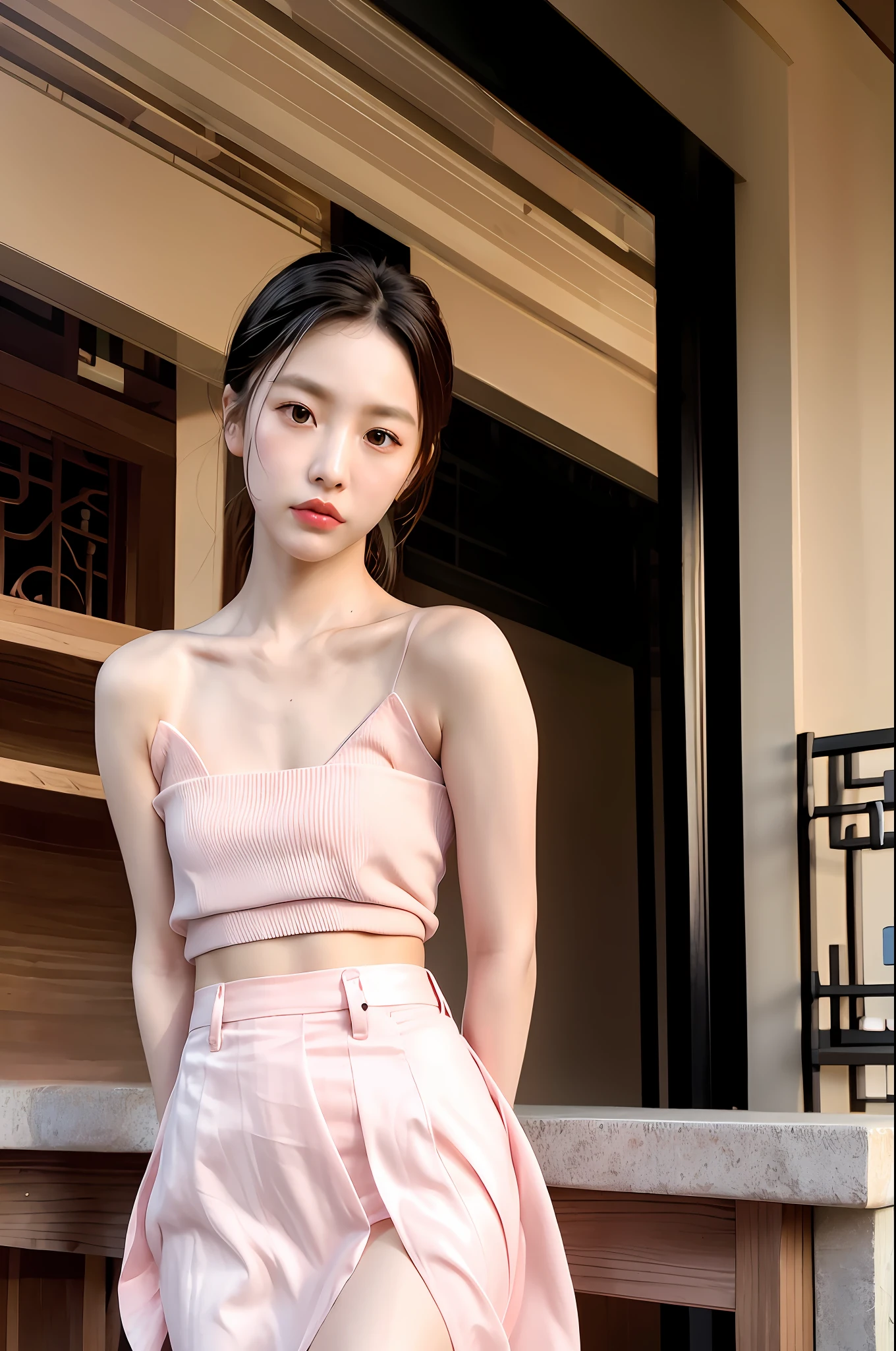 Gentle and charming Chinese beautiful woman, full body photo, exquisite and sexy collarbone, charming oval face, double eyelids, smart peach blossom eyes, pink lips, small nose, bare shoulders, focused face, face close-up, ultra-high-definition, Super details, elegant standing, European and American style khaki ruffled skirt, hip-wrapping skirt, charming buttocks, and skirt design, with a touch of playfulness.