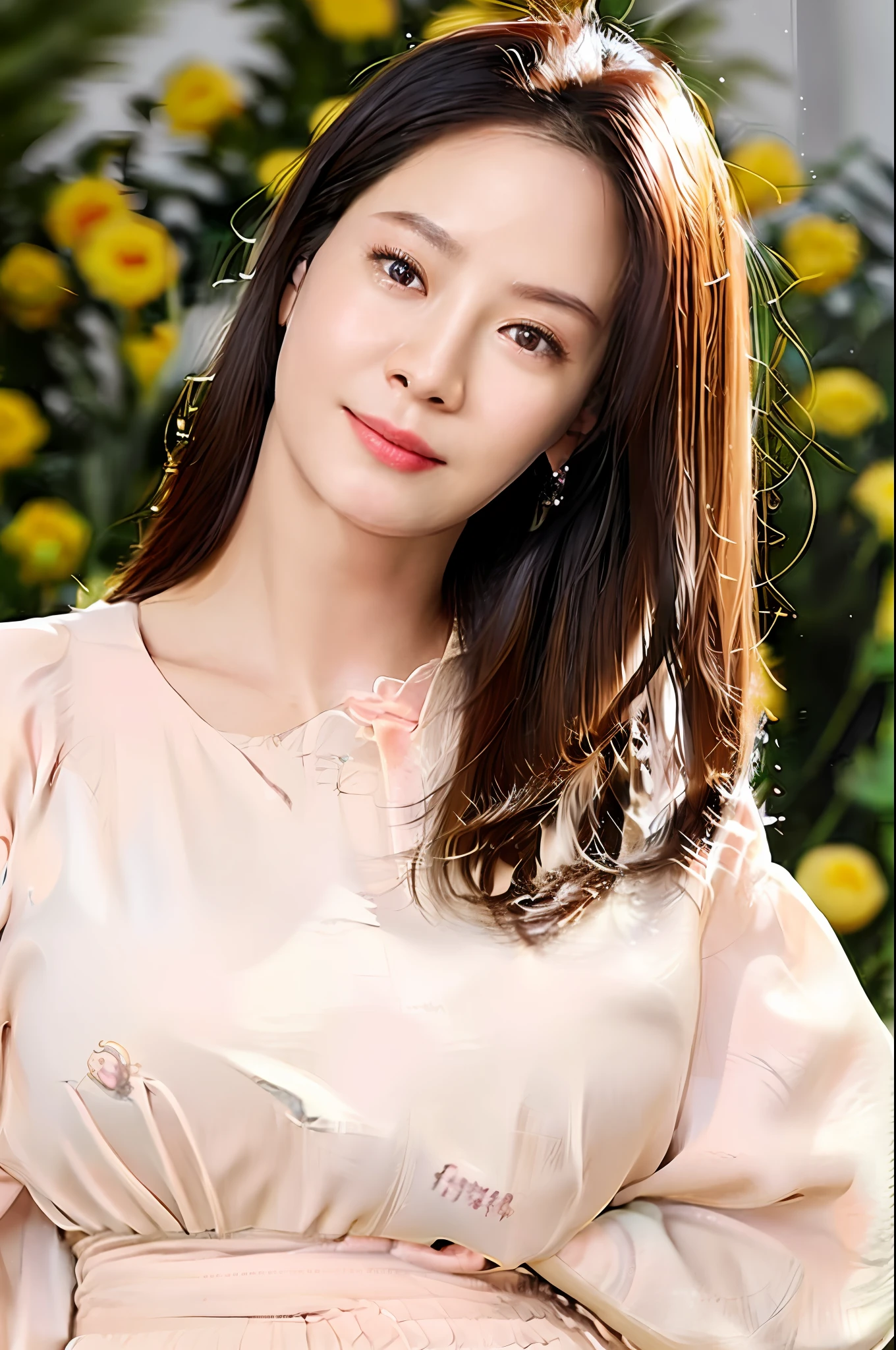 Gentle and charming Chinese beautiful woman, upper body photo, exquisite and sexy collarbone, charming oval face, double eyelids, smart peach blossom eyes, pink lips, small nose, bare shoulders, focused face, face close-up, ultra-high-definition, Super details, elegant standing, European and American style khaki ruffled skirt, hip-wrapping skirt, charming buttocks, and skirt design, with a touch of playfulness.