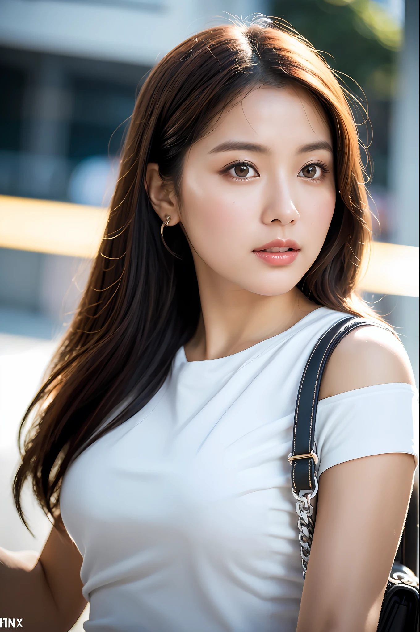 36 years old woman, mature woman, random background, (random short sleeves) (small Chanel bag on right shoulder), RAW photo, (realism: 1.37, realistic), highly detailed CG unity 8K wallpaper, 1 girl, Huge breasts, slightly chubby, looking at viewer, (((straight from front))), (HQ skin:1.2, shiny skin), 8k uhd, dslr, soft lighting, high quality, film grain, Fujifilm XT3, ((dynamic pose:1.2)) ((full body:0.6)), anyageraldine