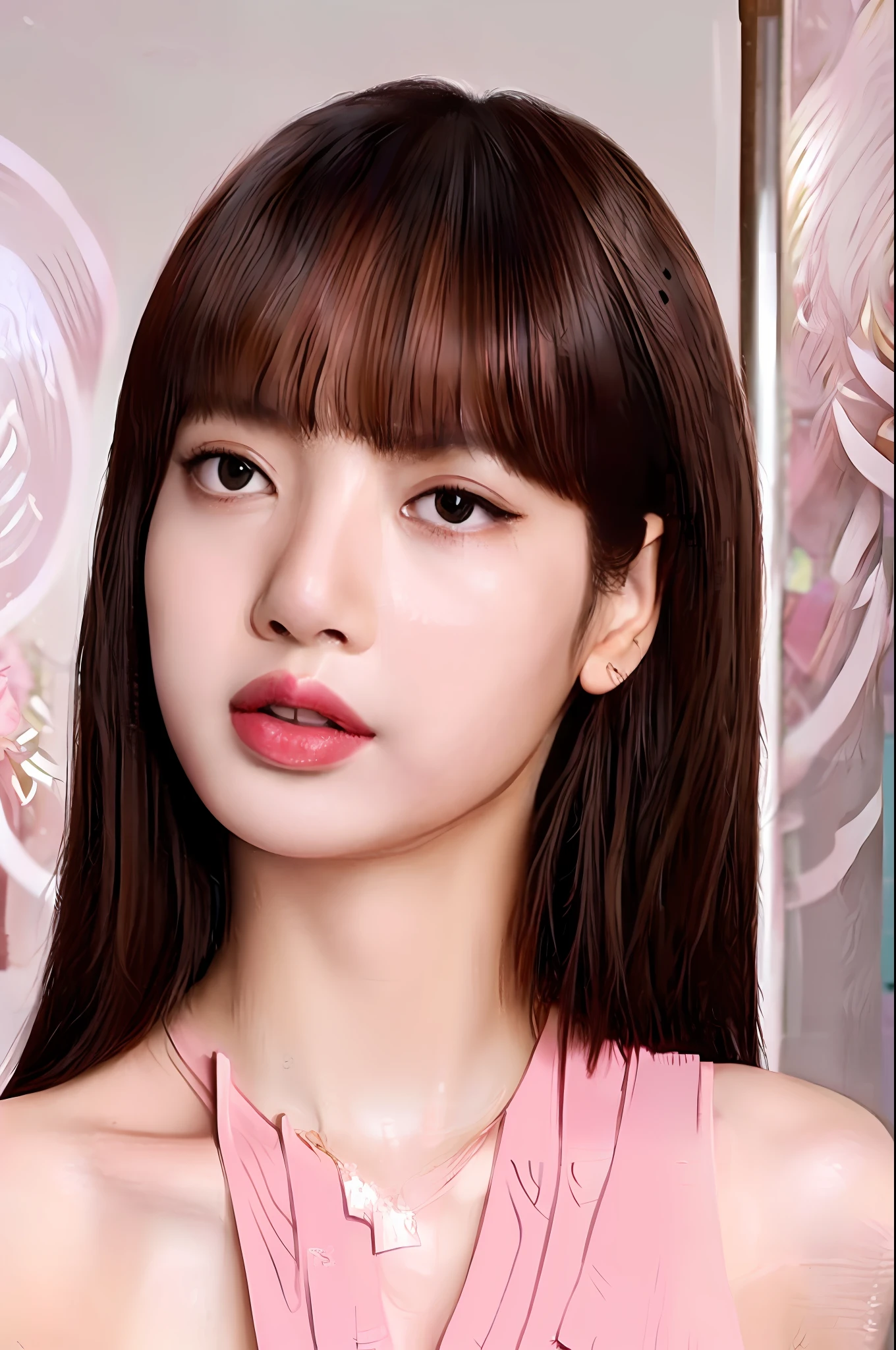 Gentle and charming Chinese beautiful woman, full body photo, exquisite and sexy collarbone, charming oval face, double eyelids, smart peach blossom eyes, pink lips, small nose, bare shoulders, focused face, face close-up, ultra-high-definition, Super details, elegant standing, bean paste color sweater, the effect of the upper body is very soft and elegant, brighten the complexion, the lower body is matched with a pair of loose straight-leg pants, the matching looks more coordinated and natural, very Korean girl style,