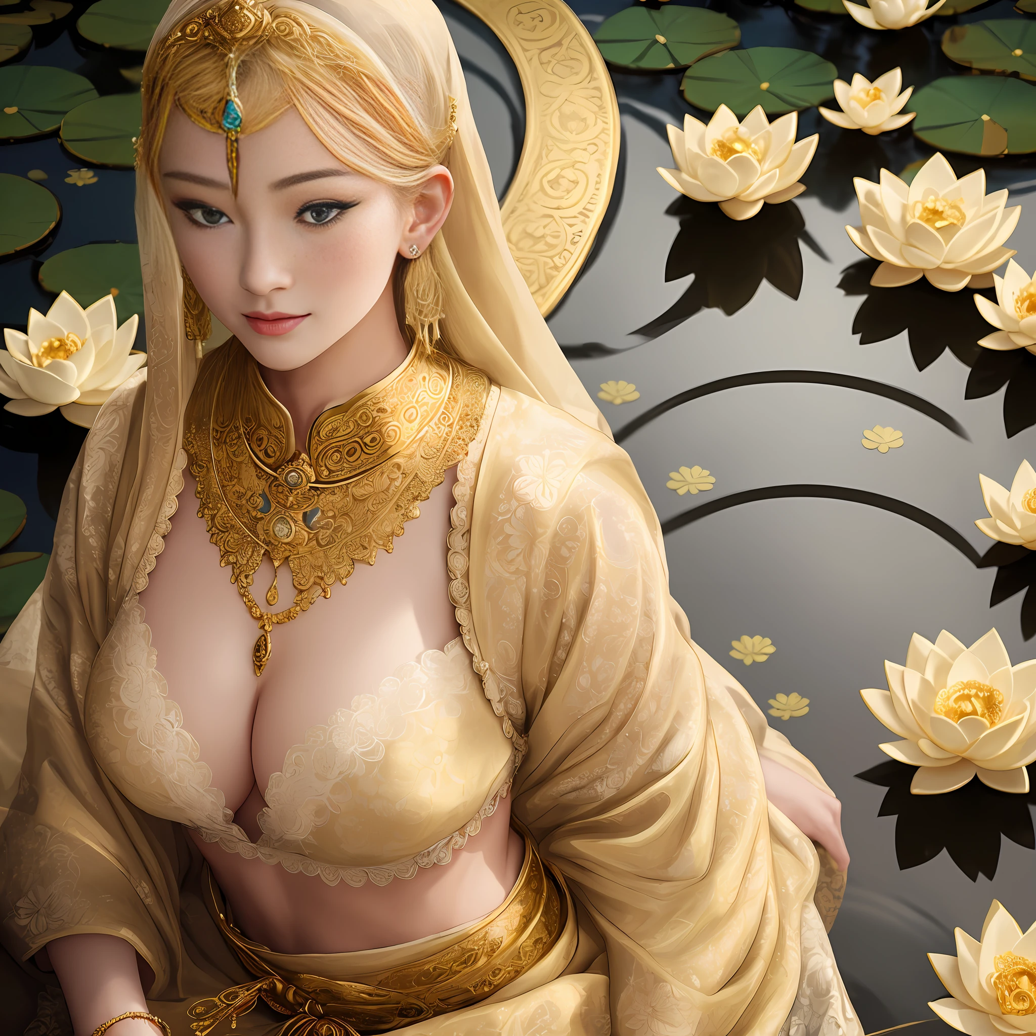 {{masterpiece}}, {highres}, original, extremely detailed 8K wallpaper, {an extremely delicate and beautiful female},muscular female,abs,A beautiful woman, standing in a lotus pond, with a perfect face, blue eyes, golden hair, huge breasts, holding lotus flowers, lace decorations, gold lace decorations, magnificent Buddhist robes, magnificent gemstone necklaces, magnificent gold jewelry, Buddha light,lace trim, gold trim, from above, looking at viewer,