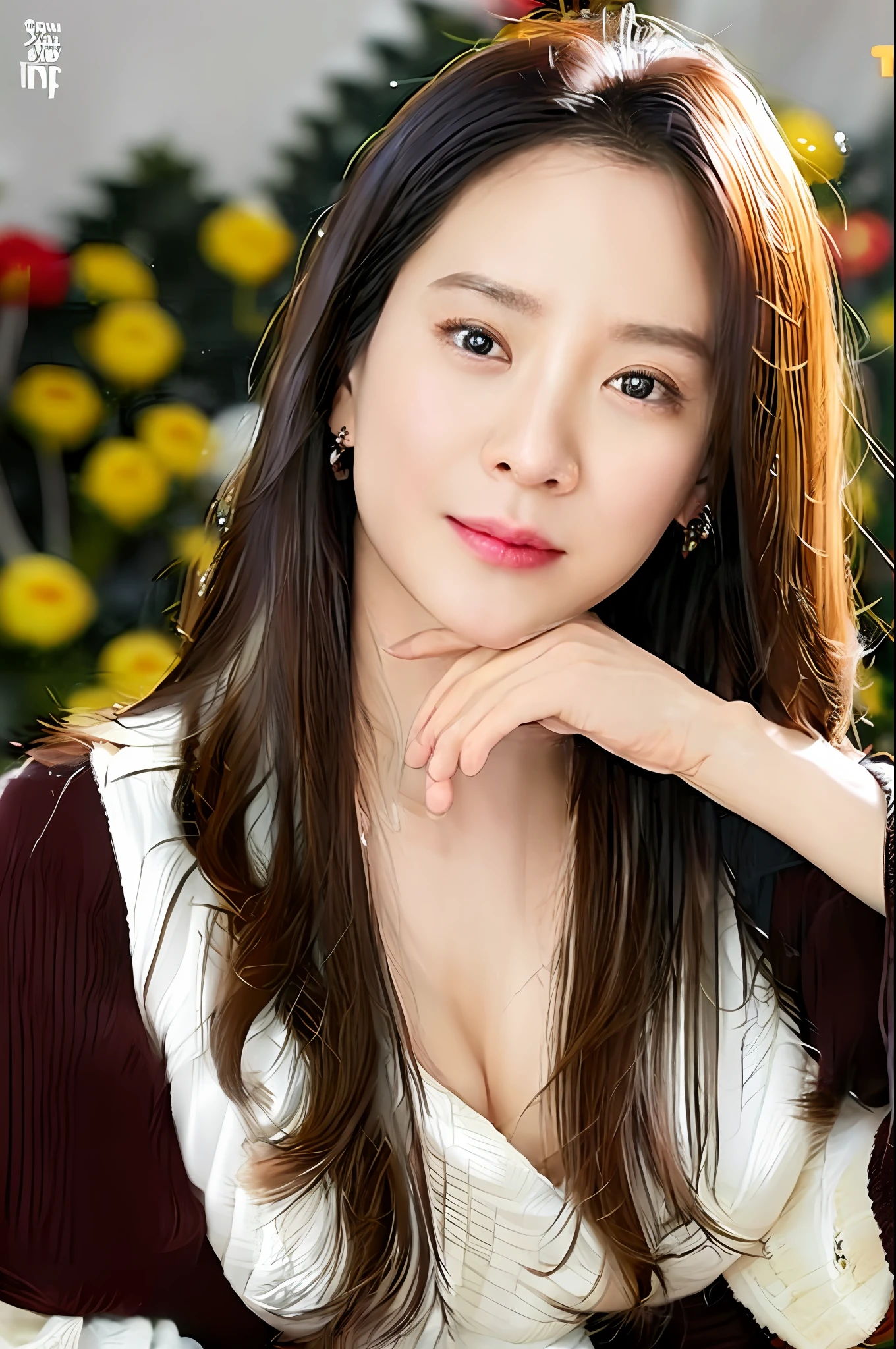 Gentle and charming Chinese beautiful woman, upper body photo, exquisite and sexy collarbone, charming oval face, double eyelids, smart peach blossom eyes, pink lips, small nose, bare shoulders, focused face, face close-up, ultra-high-definition, Super detailed, elegant standing posture, yellow sweater on the upper body, slit design on the hem, very special, a girl around 20 years old, with a simple plaid skirt on the lower body, full of Han Fan style,