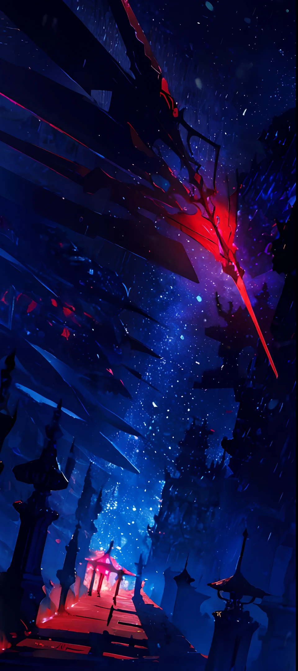 Tower of God, Roud tower, starry tower, violet, blue, red, Red person, Roof, person on roofs soear, person with spear, red spear