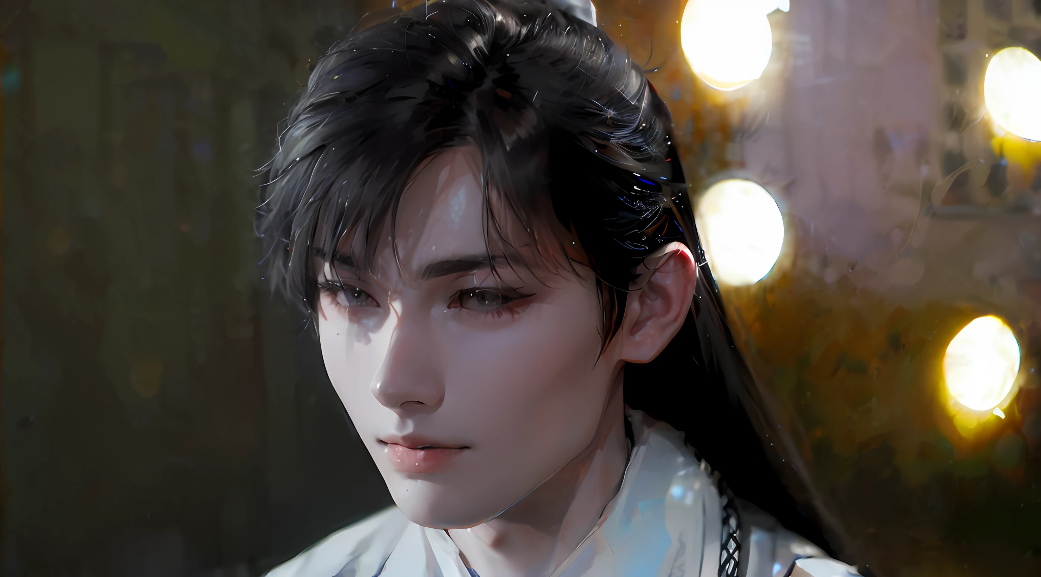 (Male: 1.1), [Monochrome: Pastel Color: 0.6] Theme, (Masterpiece), (Best Quality), (Detail), Light Layer, Glossy Skin, (Complicated Details: 1.1), Black Hair, long hair, black eyes,