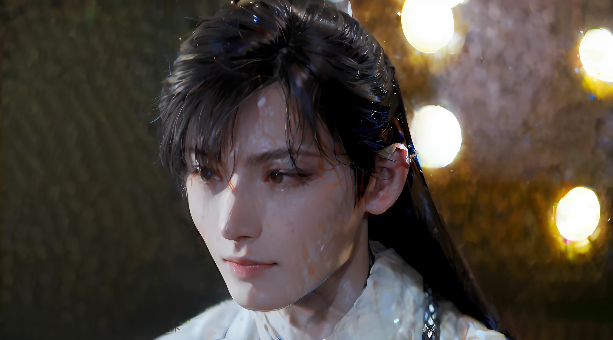 (Male: 1.1), [Monochrome: Pastel Color: 0.6] Theme, (Masterpiece), (Best Quality), (Detail), Light Layer, Glossy Skin, (Complicated Details: 1.1), Black Hair, long hair, black eyes,