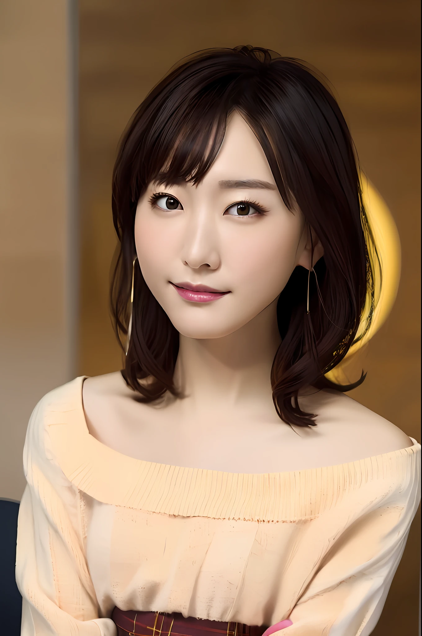 Gentle and charming Chinese beautiful woman, upper body photo, exquisite and sexy collarbone, charming oval face, double eyelids, smart peach blossom eyes, pink lips, small nose, bare shoulders, focused face, face close-up, ultra-high-definition, Super detailed, elegant standing posture, yellow sweater on the upper body, slit design on the hem, very special, a girl around 20 years old, with a simple plaid skirt on the lower body, full of Han Fan style,