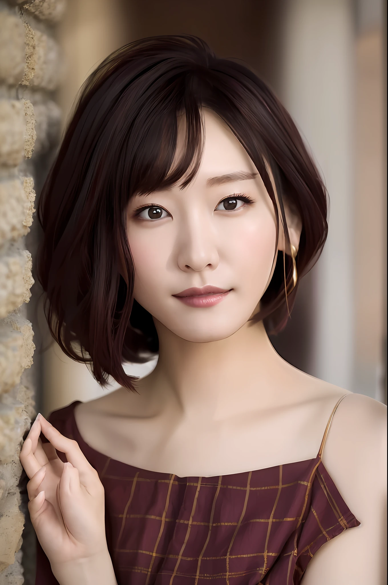 Gentle and charming Chinese beautiful woman, upper body photo, exquisite and sexy collarbone, charming oval face, double eyelids, smart peach blossom eyes, pink lips, small nose, bare shoulders, focused face, face close-up, ultra-high-definition, Super detailed, elegant standing posture, yellow sweater on the upper body, slit design on the hem, very special, a girl around 20 years old, with a simple plaid skirt on the lower body, full of Han Fan style,