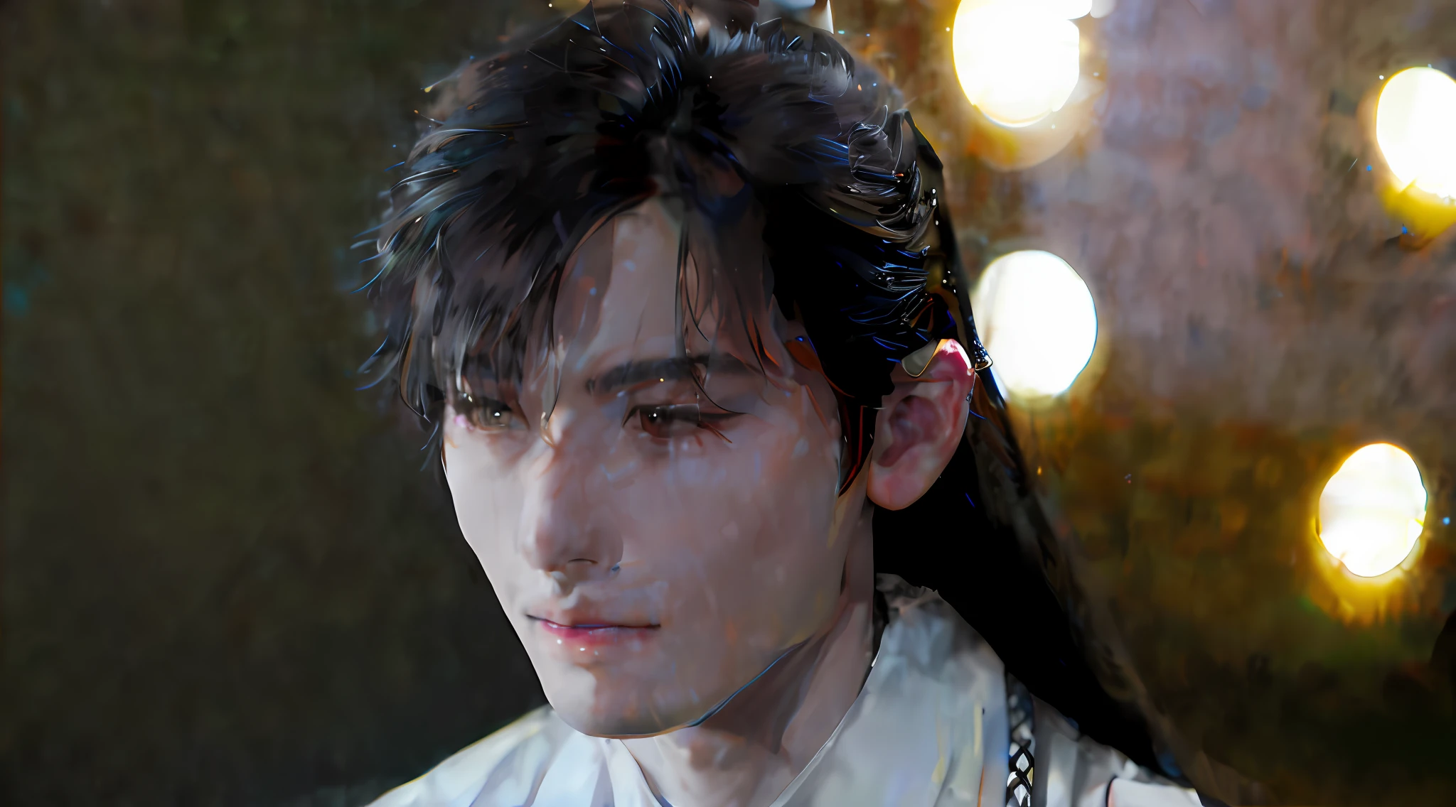 (Male: 1.1), [Monochrome: Pastel Color: 0.6] Theme, (Masterpiece), (Best Quality), (Detail), Light Layer, Glossy Skin, (Complicated Details: 1.1), Black Hair, long hair, black eyes,