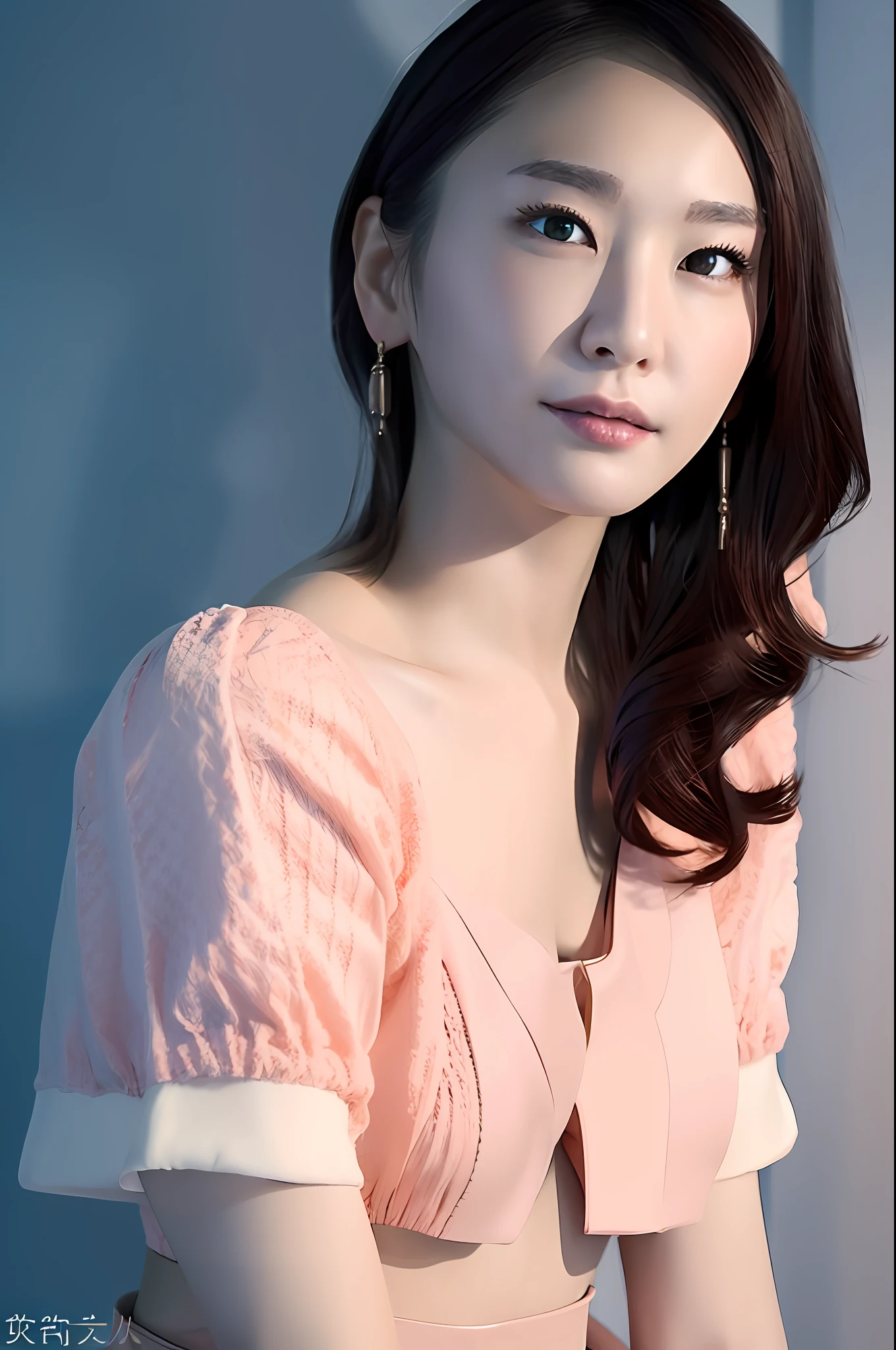 Gentle and charming Chinese beautiful woman, upper body photo, exquisite and sexy collarbone, charming oval face, double eyelids, smart peach blossom eyes, pink lips, small nose, bare shoulders, focused face, face close-up, ultra-high-definition, Super details, elegant standing posture, blue thin jacket with white top and casual cropped pants, it looks really intellectual, elegant and very fashionable