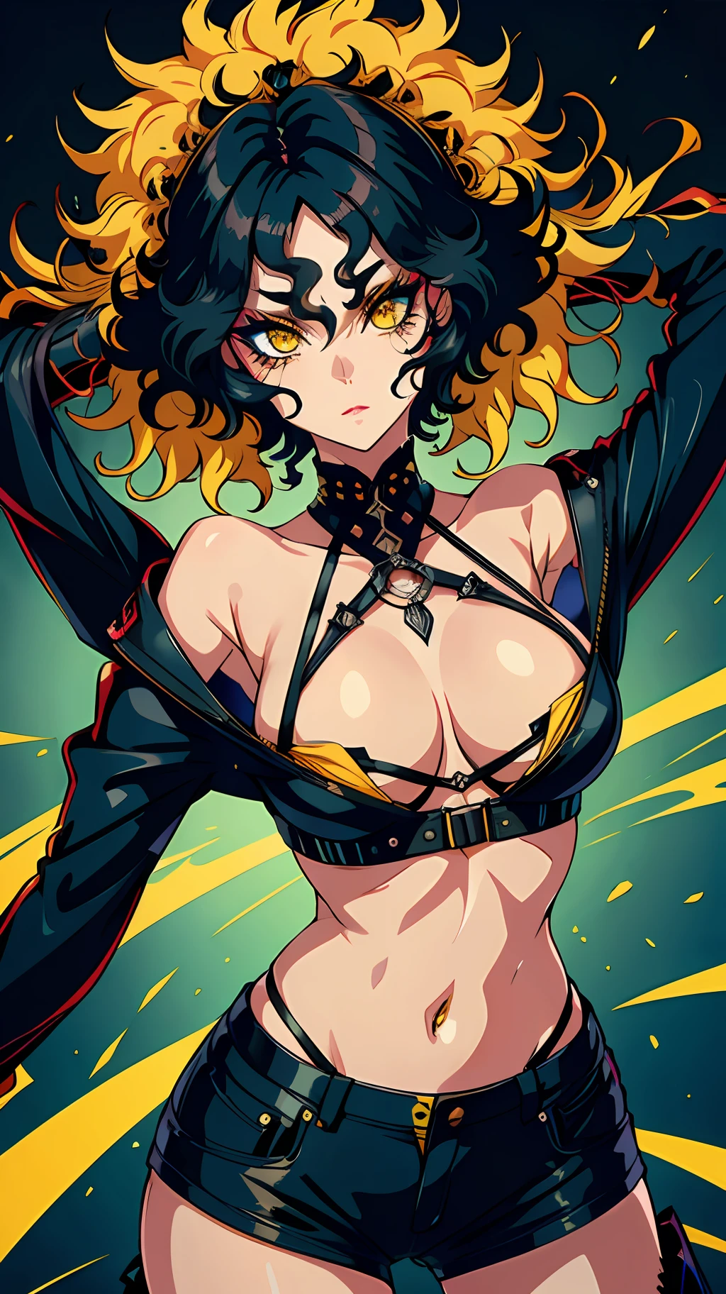 &quot;((best quality, ultra-detailed, best possible quality, add_detail:1)), extreme beauty in tone, yellow eyes and black hair, wild and feminist, wild hair, adorable features, exaggerated makeup, close to camera. &quot;