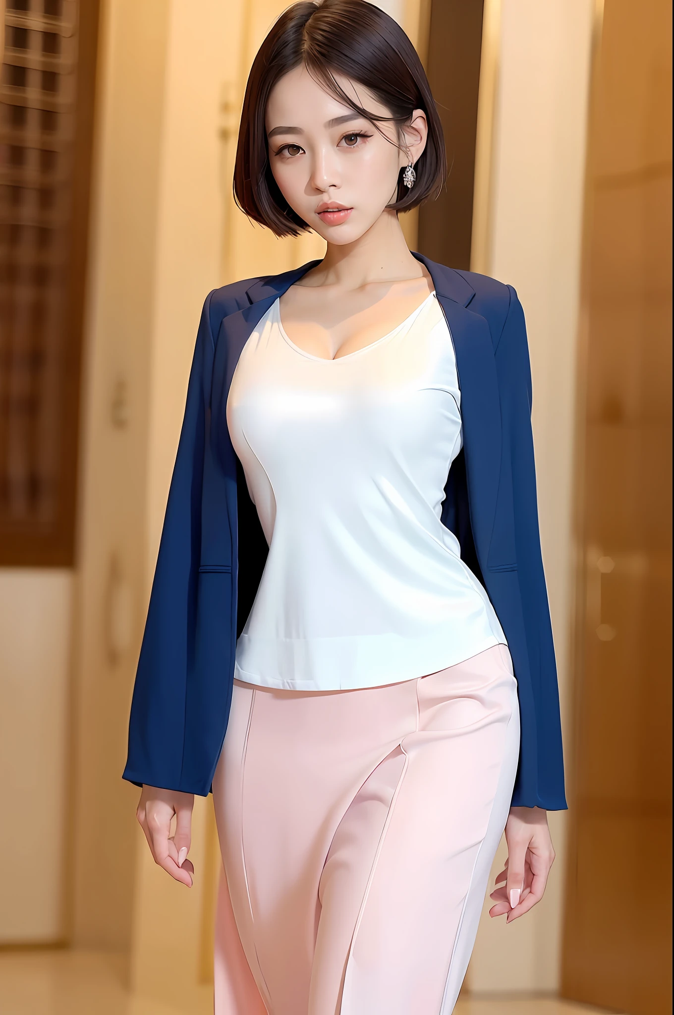 Gentle and charming Chinese beautiful woman, upper body photo, exquisite and sexy collarbone, charming oval face, double eyelids, smart peach blossom eyes, pink lips, small nose, bare shoulders, focused face, face close-up, ultra-high-definition, Super details, elegant standing posture, blue thin jacket with white top and casual cropped pants, it looks really intellectual, elegant and very fashionable