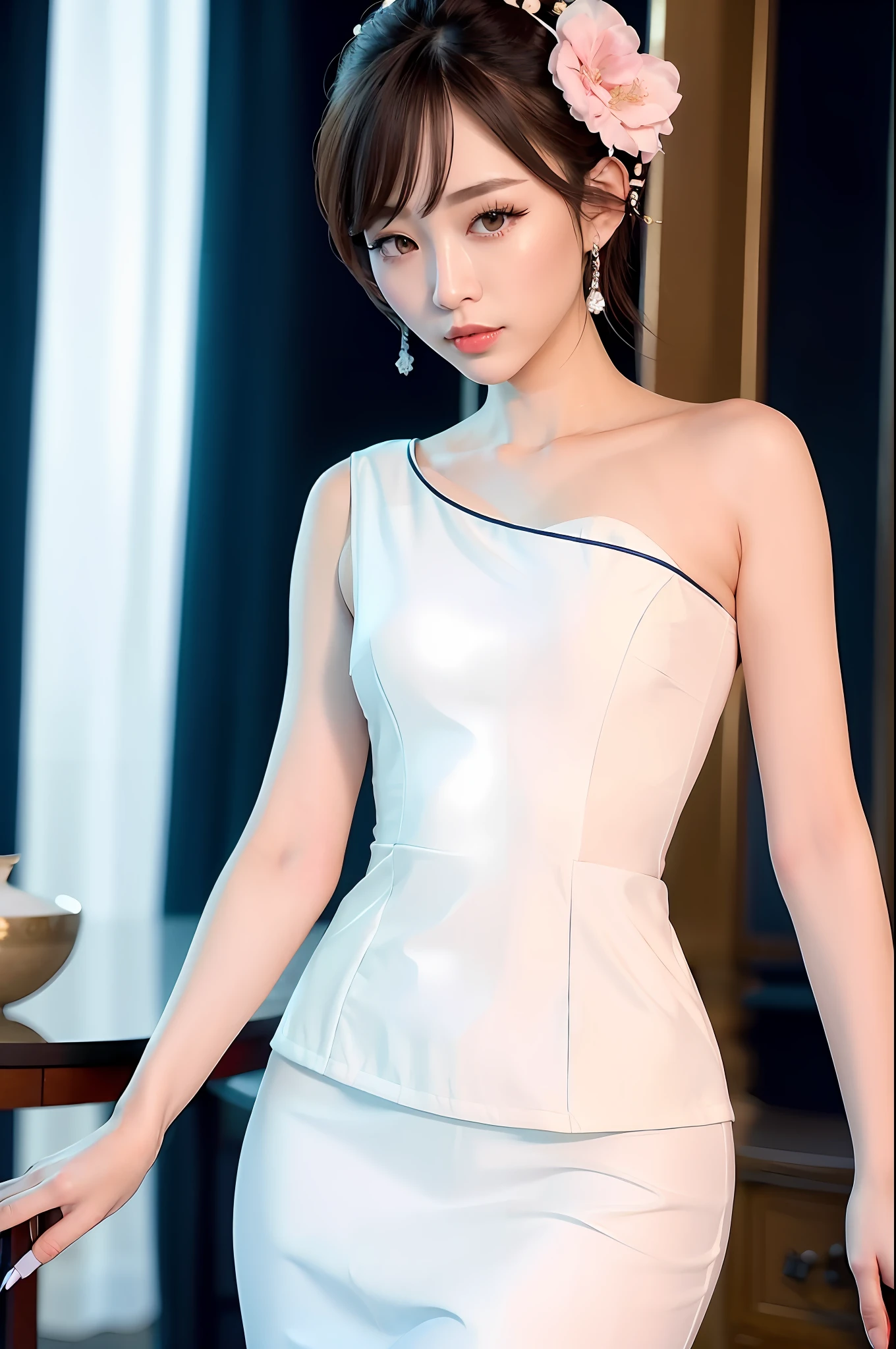 Gentle and charming Chinese beautiful woman, upper body photo, exquisite and sexy collarbone, charming oval face, double eyelids, smart peach blossom eyes, pink lips, small nose, bare shoulders, focused face, face close-up, ultra-high-definition, Super details, elegant standing posture, blue thin jacket with white top and casual cropped pants, it looks really intellectual, elegant and very fashionable