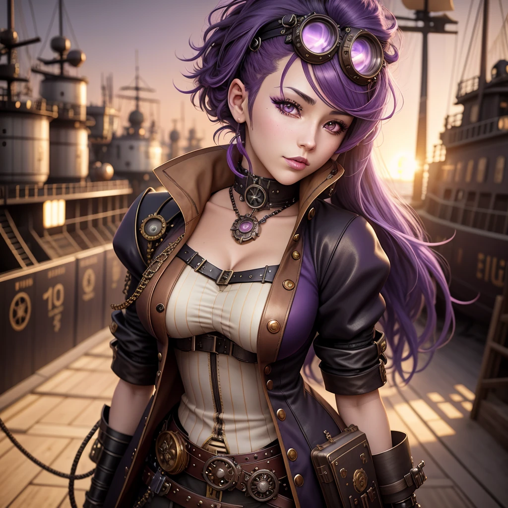 anime girl with purple hair and steampunky outfit standing in front of a ship, steampunk beautiful anime woman, 2. 5 d cgi anime fantasy artwork, anime fantasy artwork, beautiful alluring anime woman, seductive anime girl, high quality steampunk art, girl with warship parts, steampunk fantasy style, a steampunk beautiful goddess, steampunk girl, digital steampunk art, detailed digital anime art