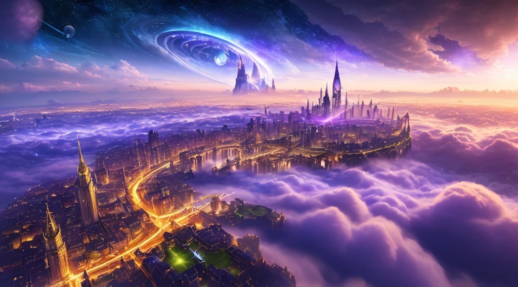 ((master piece)), best quality, (8k, best quality, masterpiece:1.2), An ethereal fantasy City floating in the sky, surrounded bly clouds, planets in the sky, purple rays in the sky