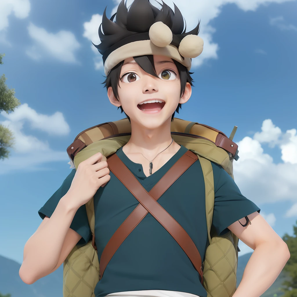 anime characters with backpacks and hats on their heads, official anime stills, official art, featured anime stills of the day, izuku midoriya, anime stills, in anime movies, anime stills, official studio anime stills, best anime character designs, Screenshots of shuushuu anime image, black clover, burning cedar, Shinji Aramaki,((masterpiece:1.2, best quality)), 4k,